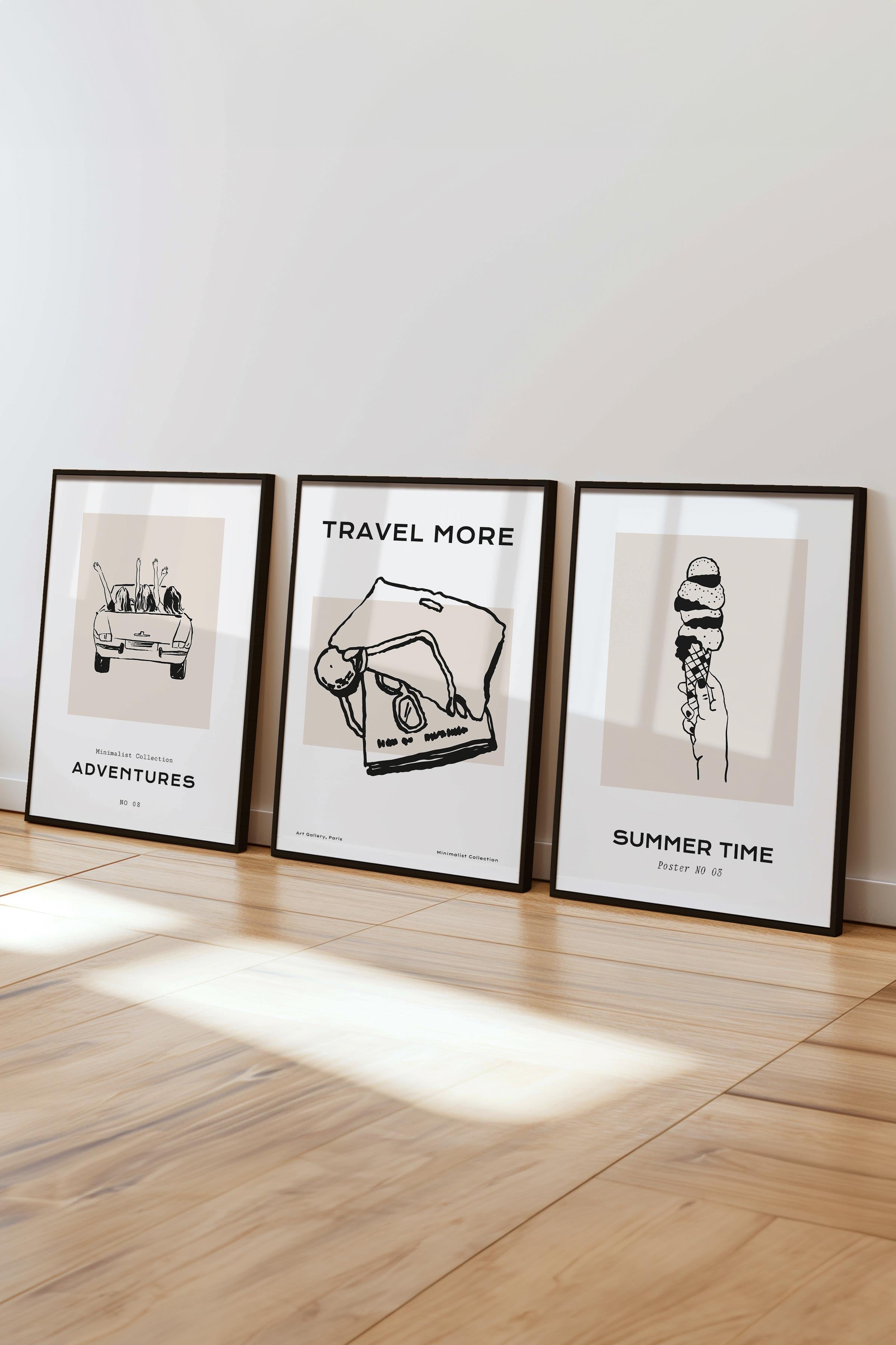 Çerçeveli Tablo Seti, 3 Adet Siyah Çerçeve ve Minimalist Çizim Temalı Poster Seti, No:300521