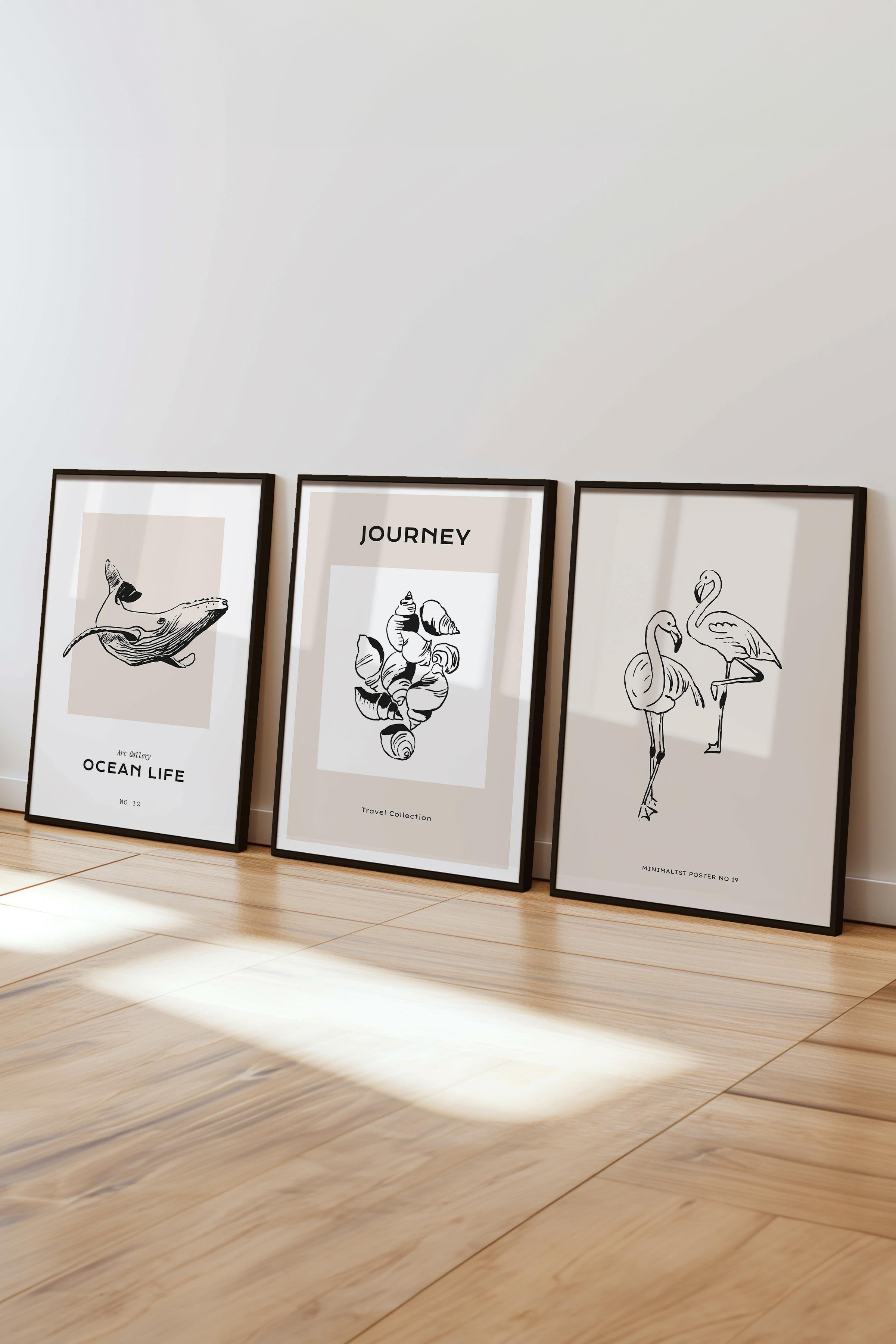 Çerçeveli Tablo Seti, 3 Adet Siyah Çerçeve ve Minimalist Çizim Temalı Poster Seti, No:300522