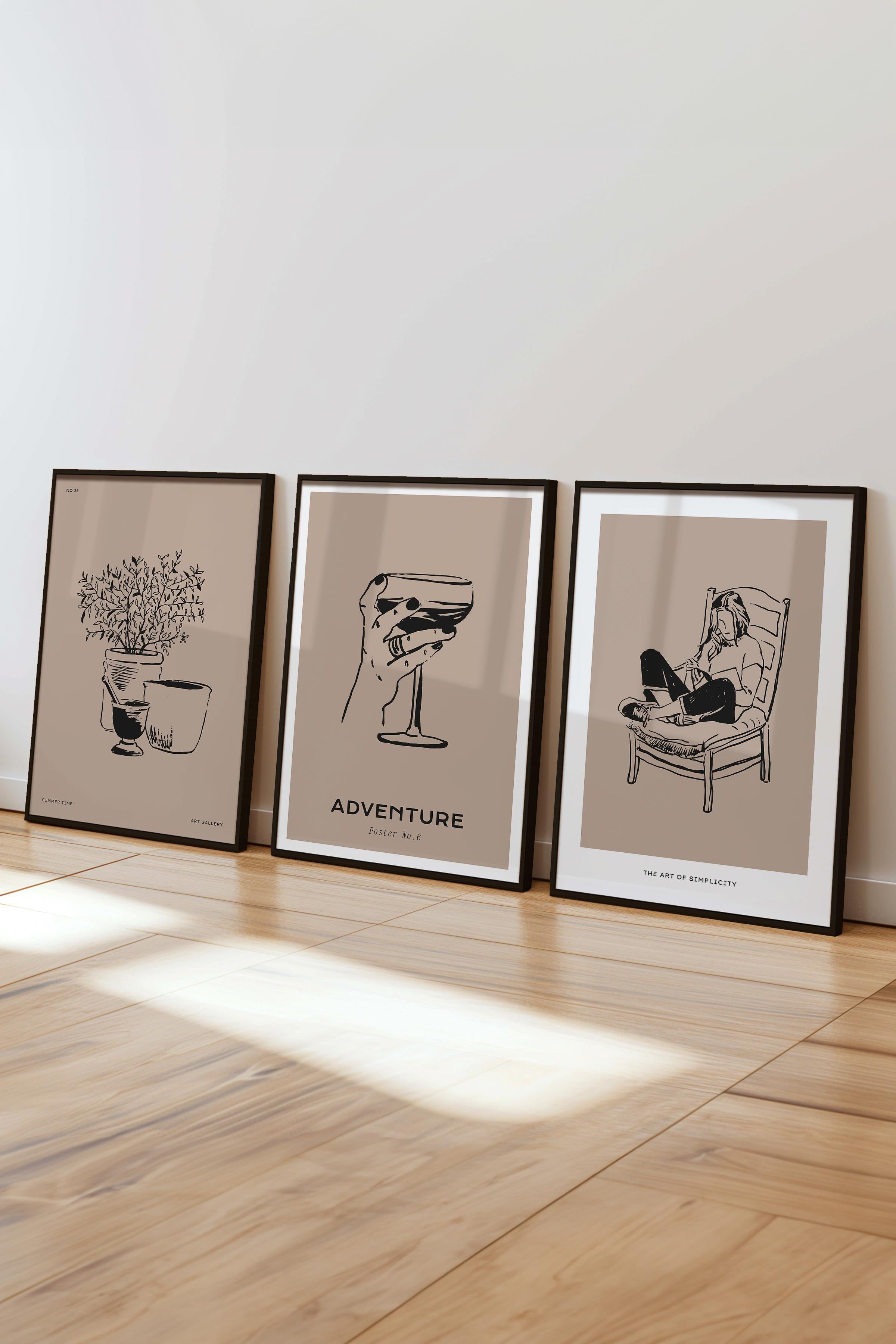 Çerçeveli Tablo Seti, 3 Adet Siyah Çerçeve ve Minimalist Çizim Temalı Poster Seti, No:300524