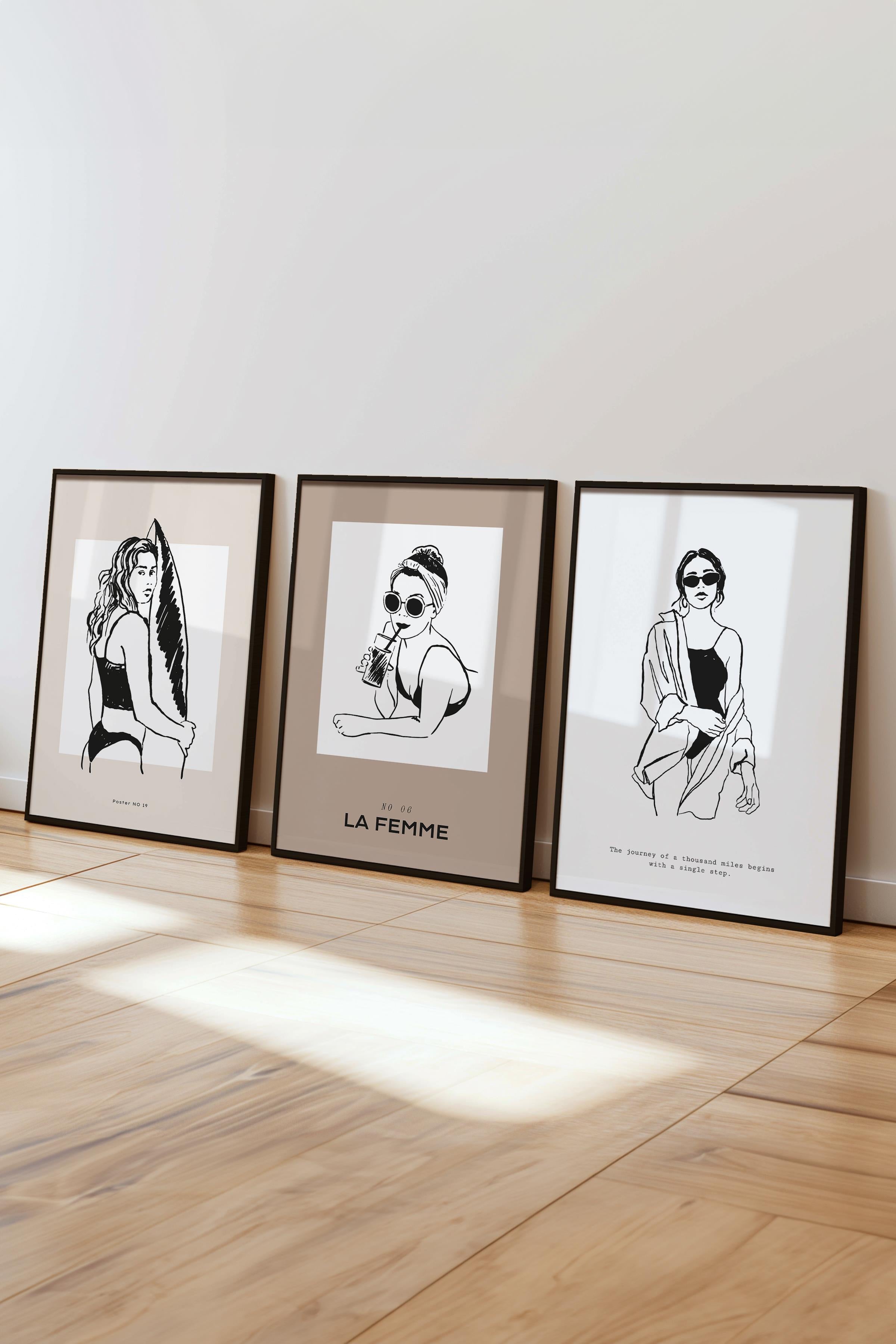 Çerçeveli Tablo Seti, 3 Adet Siyah Çerçeve ve Minimalist Çizim Temalı Poster Seti, No:300525