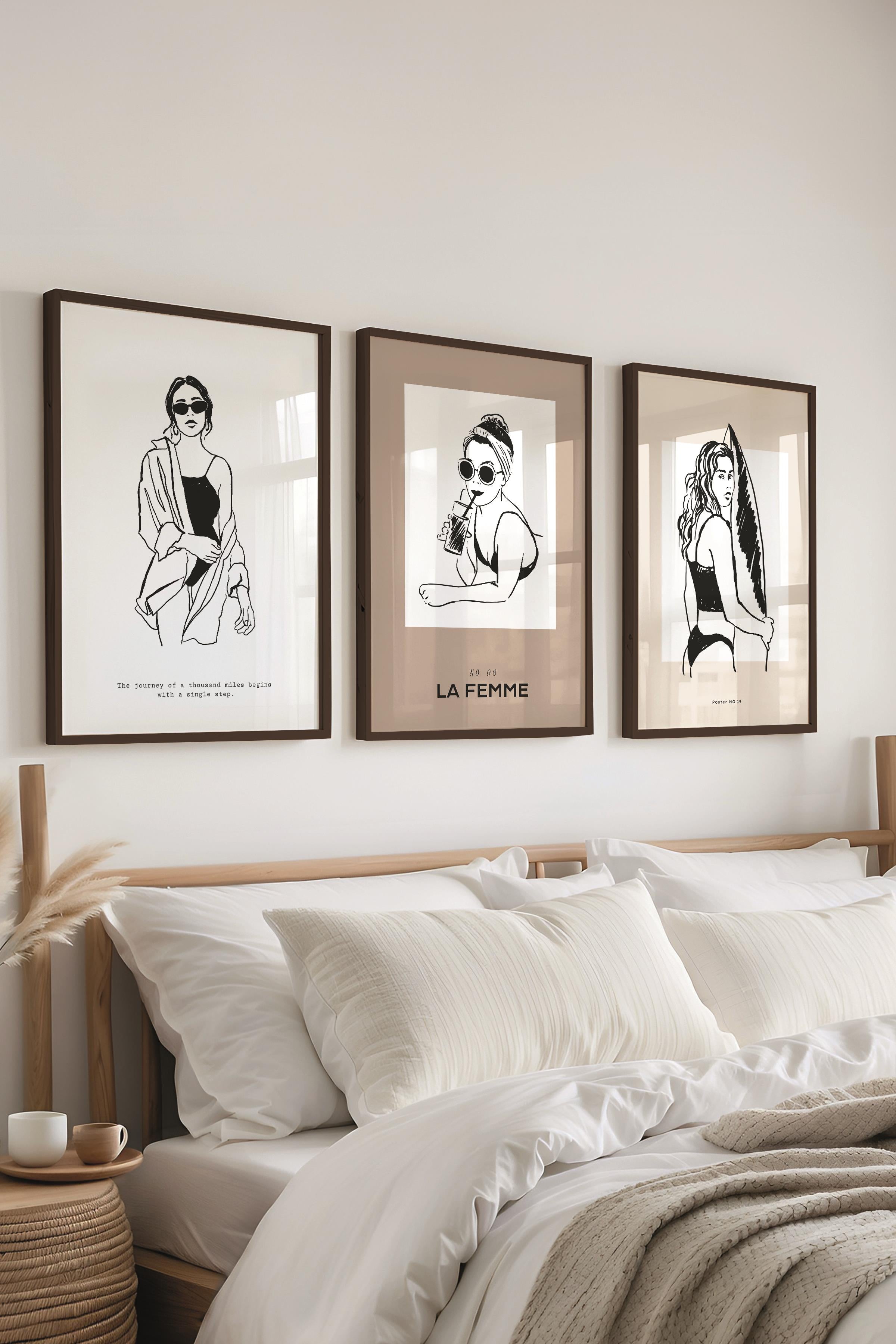 Çerçeveli Tablo Seti, 3 Adet Siyah Çerçeve ve Minimalist Çizim Temalı Poster Seti, No:300525