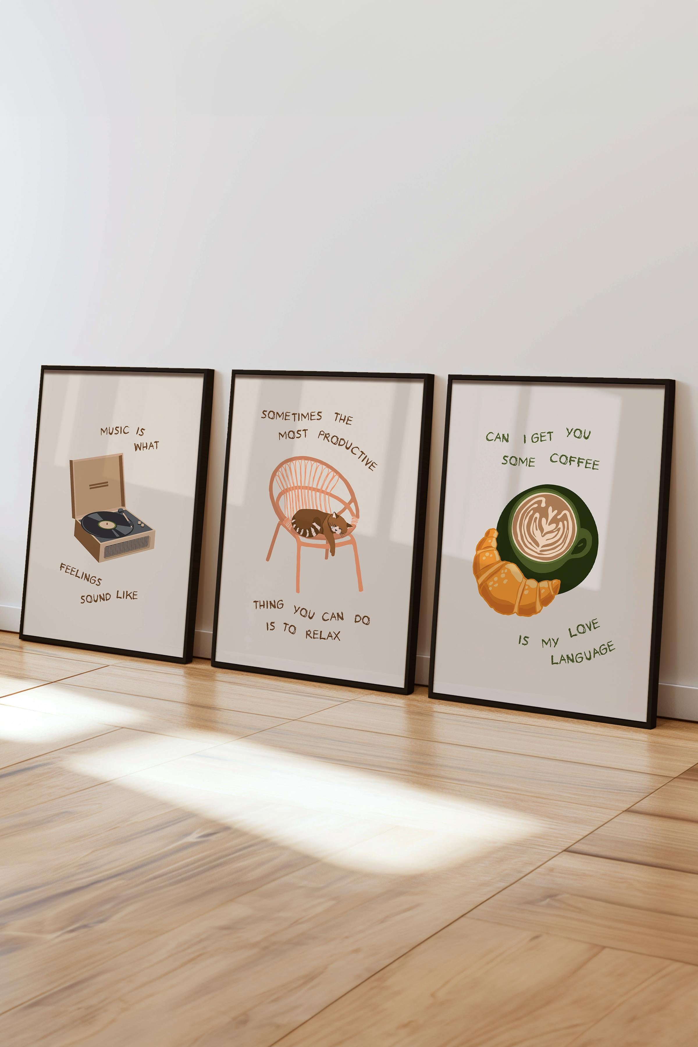 Çerçeveli Tablo Seti, 3 Adet Siyah Çerçeve ve Minimalist Çizim Temalı Poster Seti, No:300531