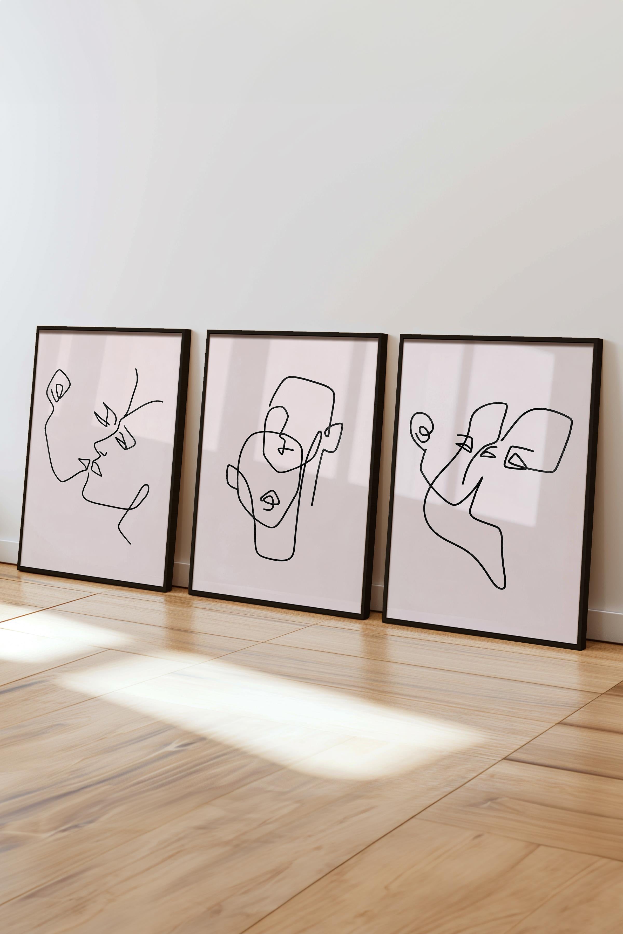 Çerçeveli Tablo Seti, 3 Adet Siyah Çerçeve ve Minimalist Çizim Temalı Poster Seti, No:300574