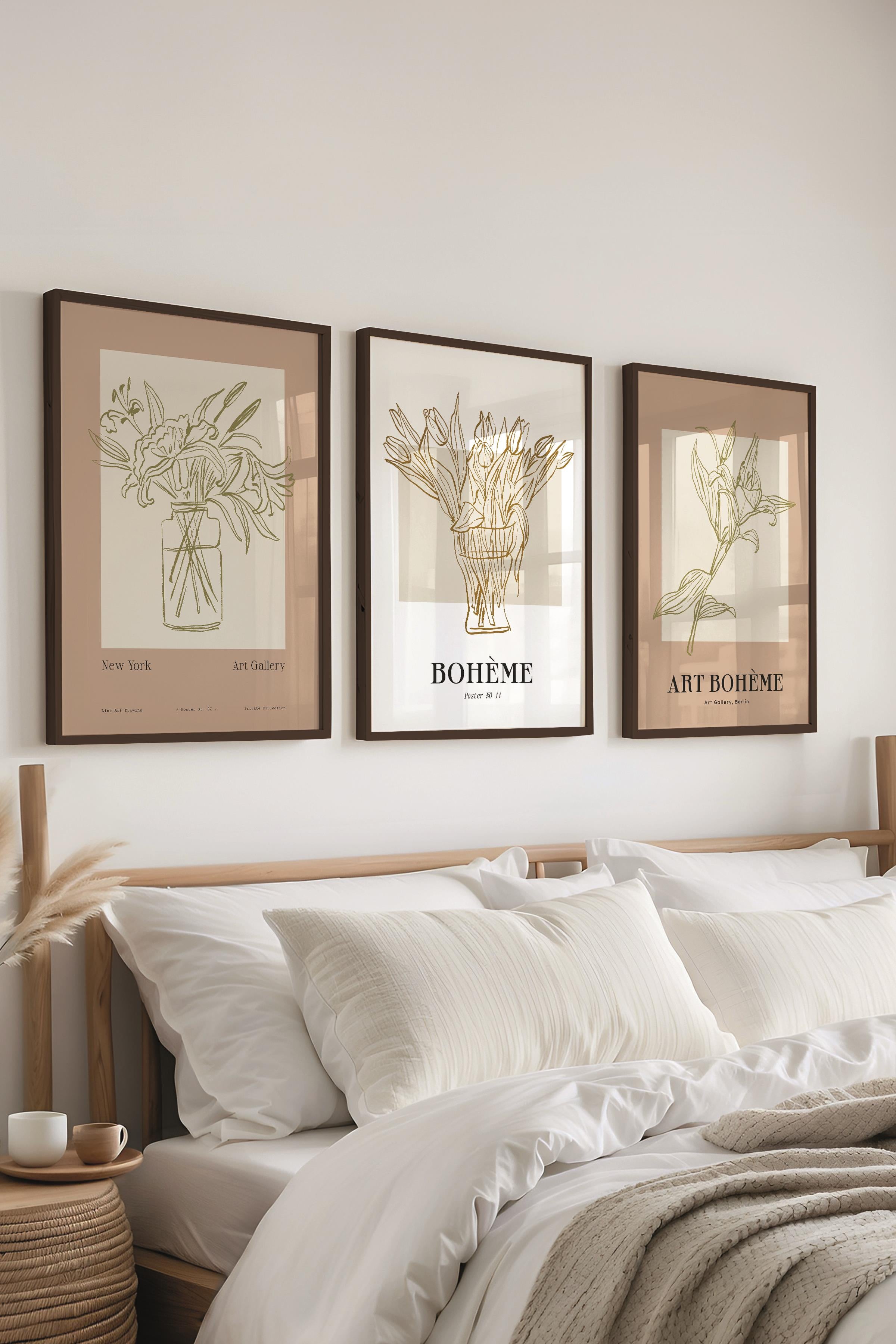 Çerçeveli Tablo Seti, 3 Adet Siyah Çerçeve ve Minimalist Çizim Temalı Poster Seti, No:300585