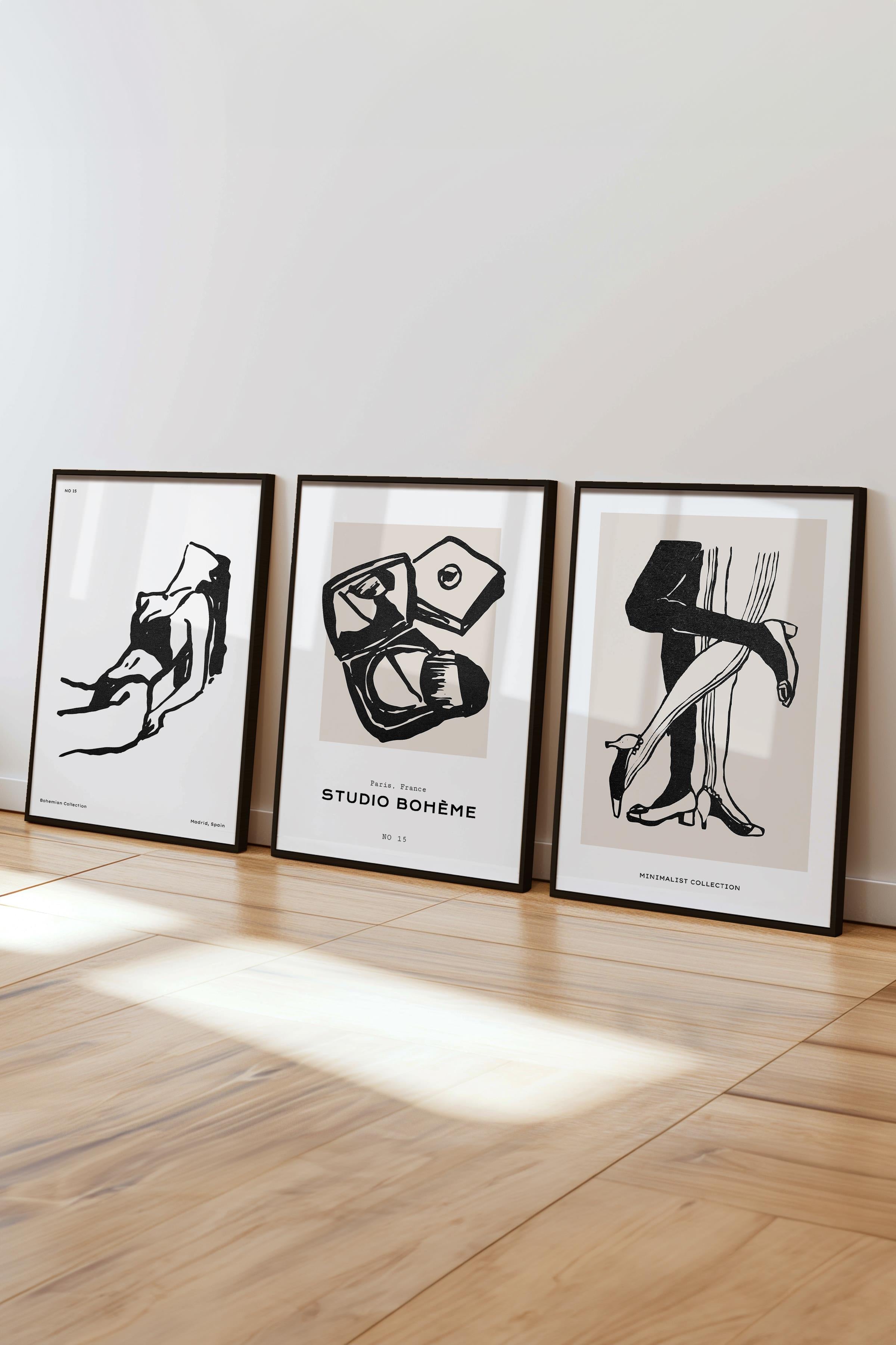Çerçeveli Tablo Seti, 3 Adet Siyah Çerçeve ve Minimalist Çizim Temalı Poster Seti, No:300590