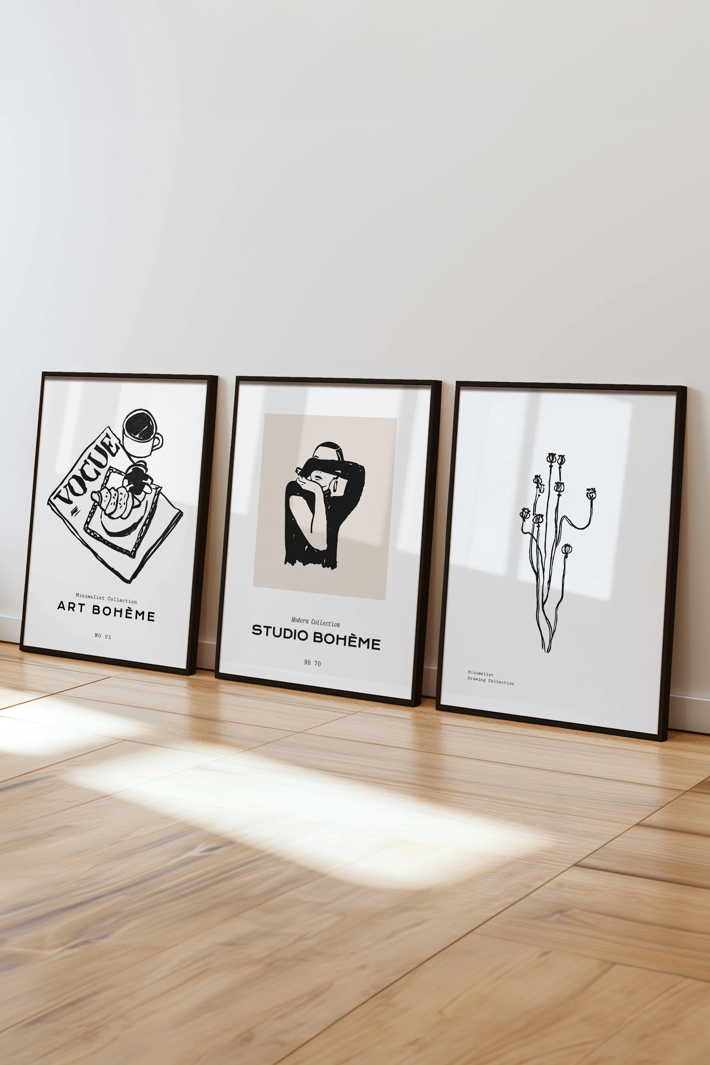 Çerçeveli Tablo Seti, 3 Adet Siyah Çerçeve ve Minimalist Çizim Temalı Poster Seti, No:300601