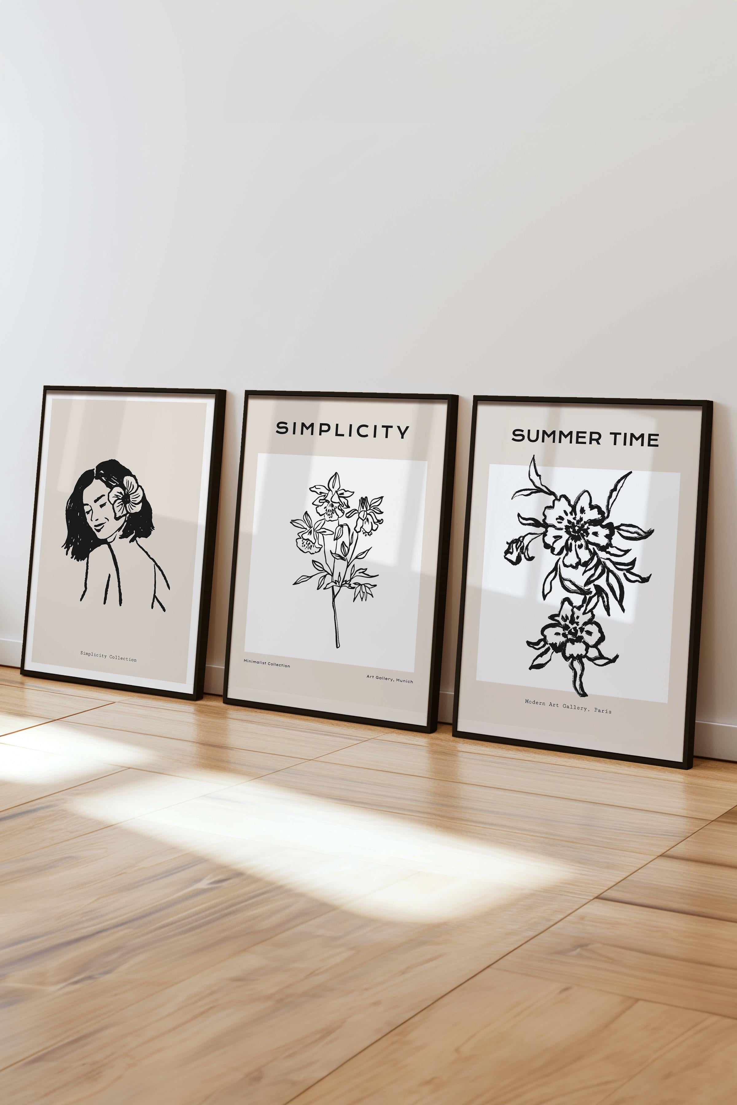 Çerçeveli Tablo Seti, 3 Adet Siyah Çerçeve ve Minimalist Çizim Temalı Poster Seti, No:300603