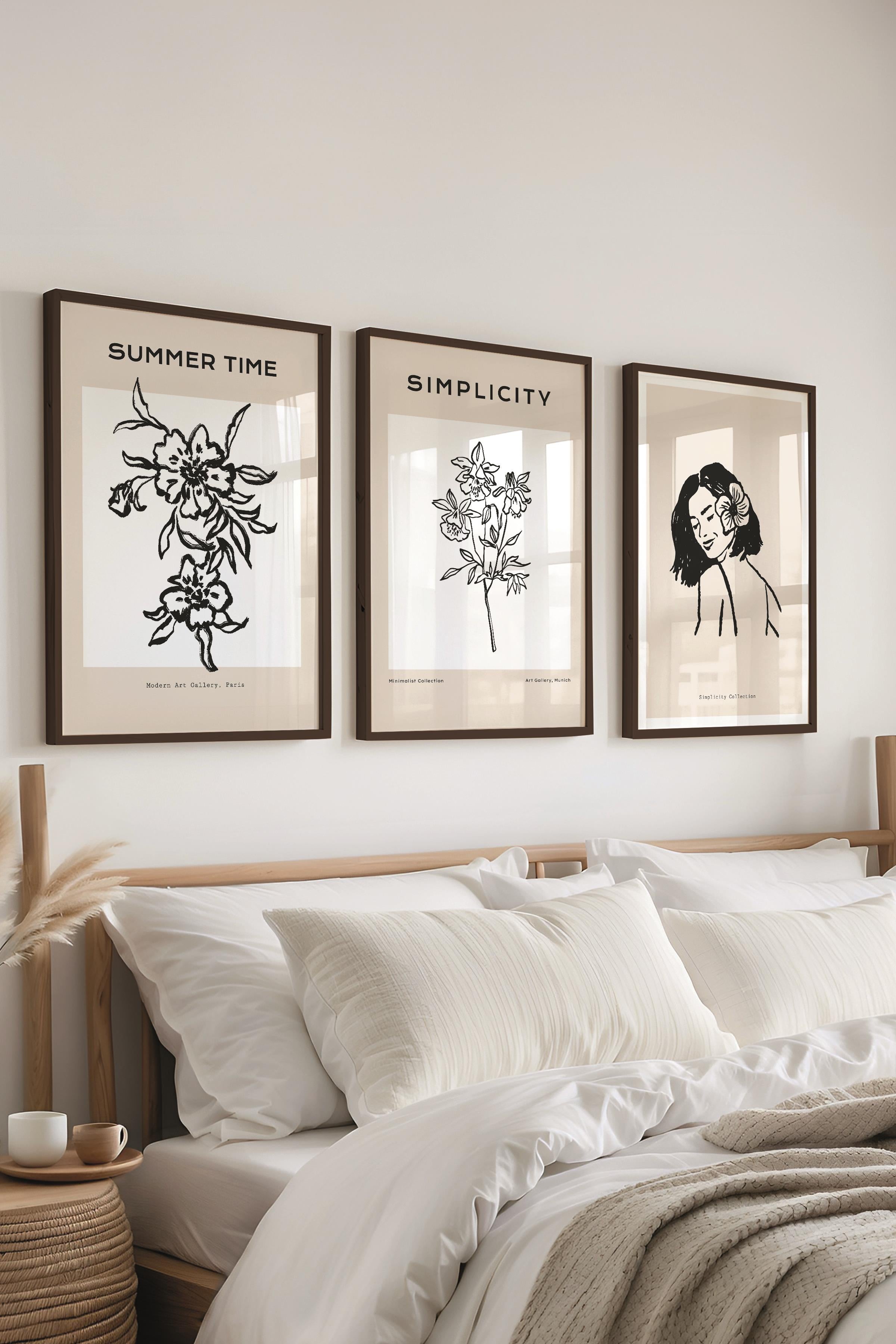 Çerçeveli Tablo Seti, 3 Adet Siyah Çerçeve ve Minimalist Çizim Temalı Poster Seti, No:300603