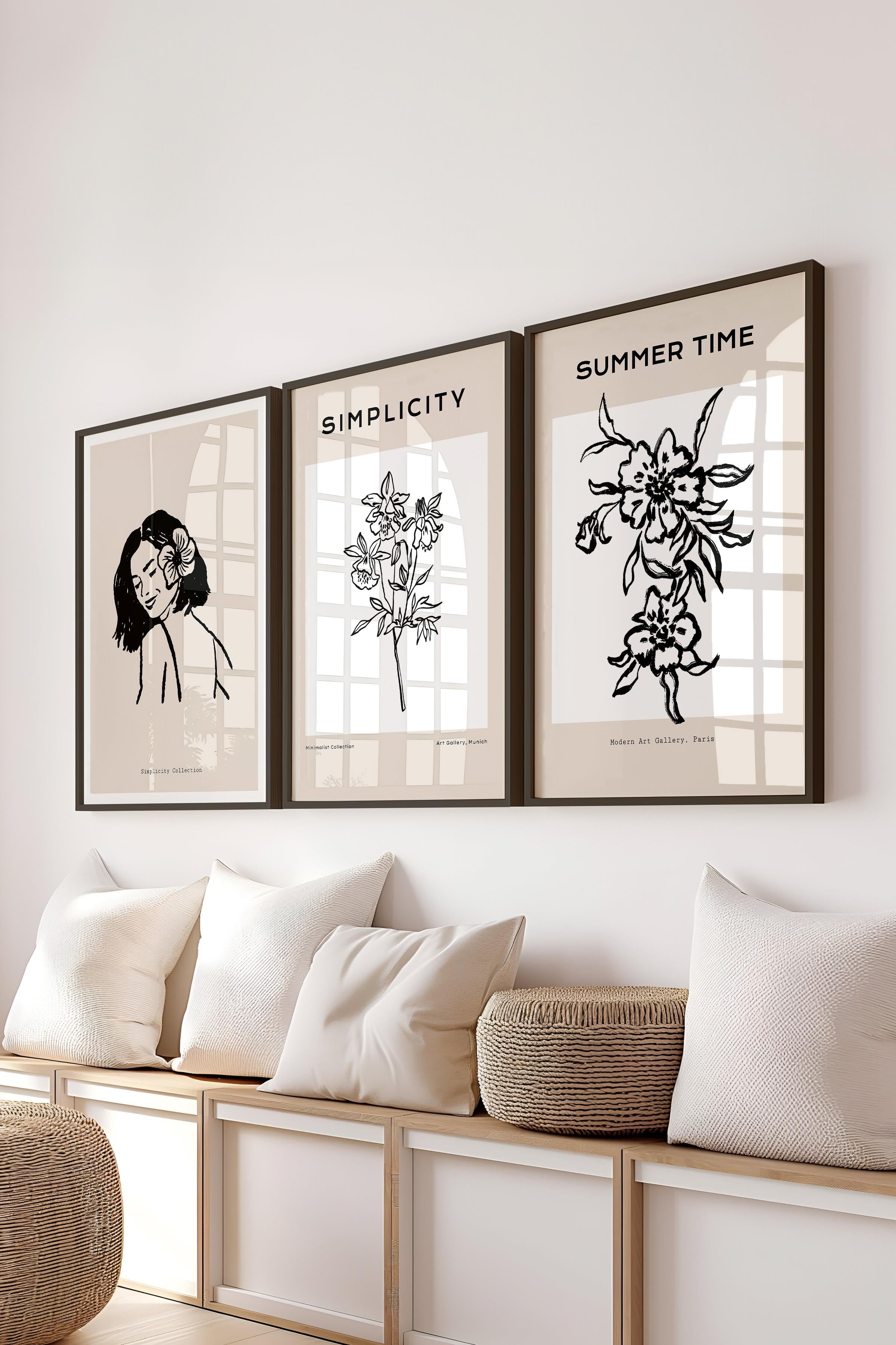 Çerçeveli Tablo Seti, 3 Adet Siyah Çerçeve ve Minimalist Çizim Temalı Poster Seti, No:300603