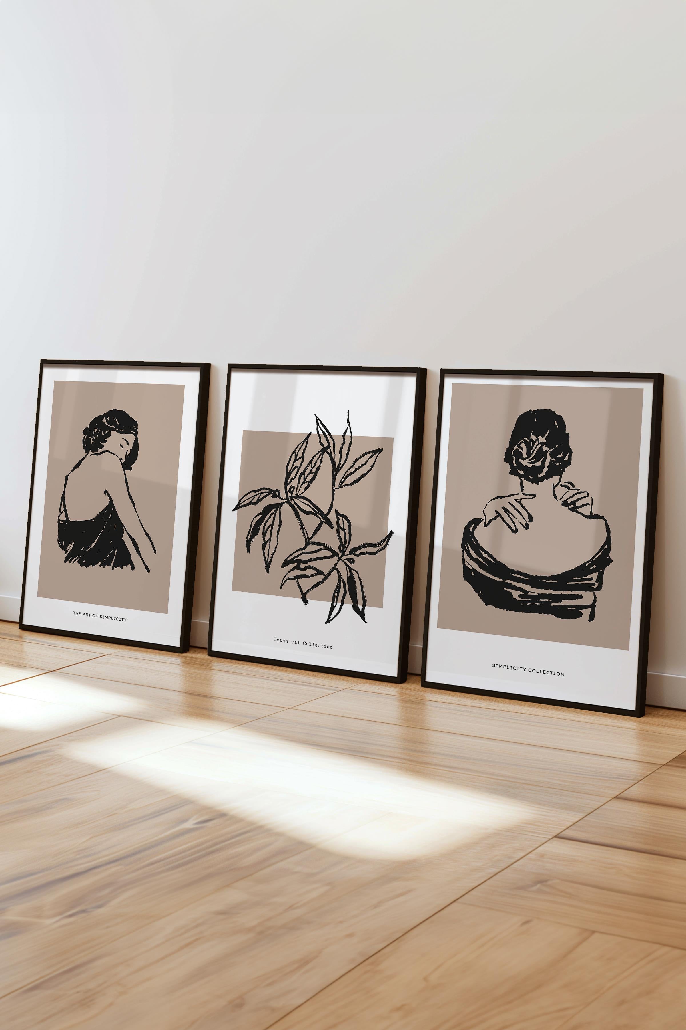Çerçeveli Tablo Seti, 3 Adet Siyah Çerçeve ve Minimalist Çizim Temalı Poster Seti, No:300604