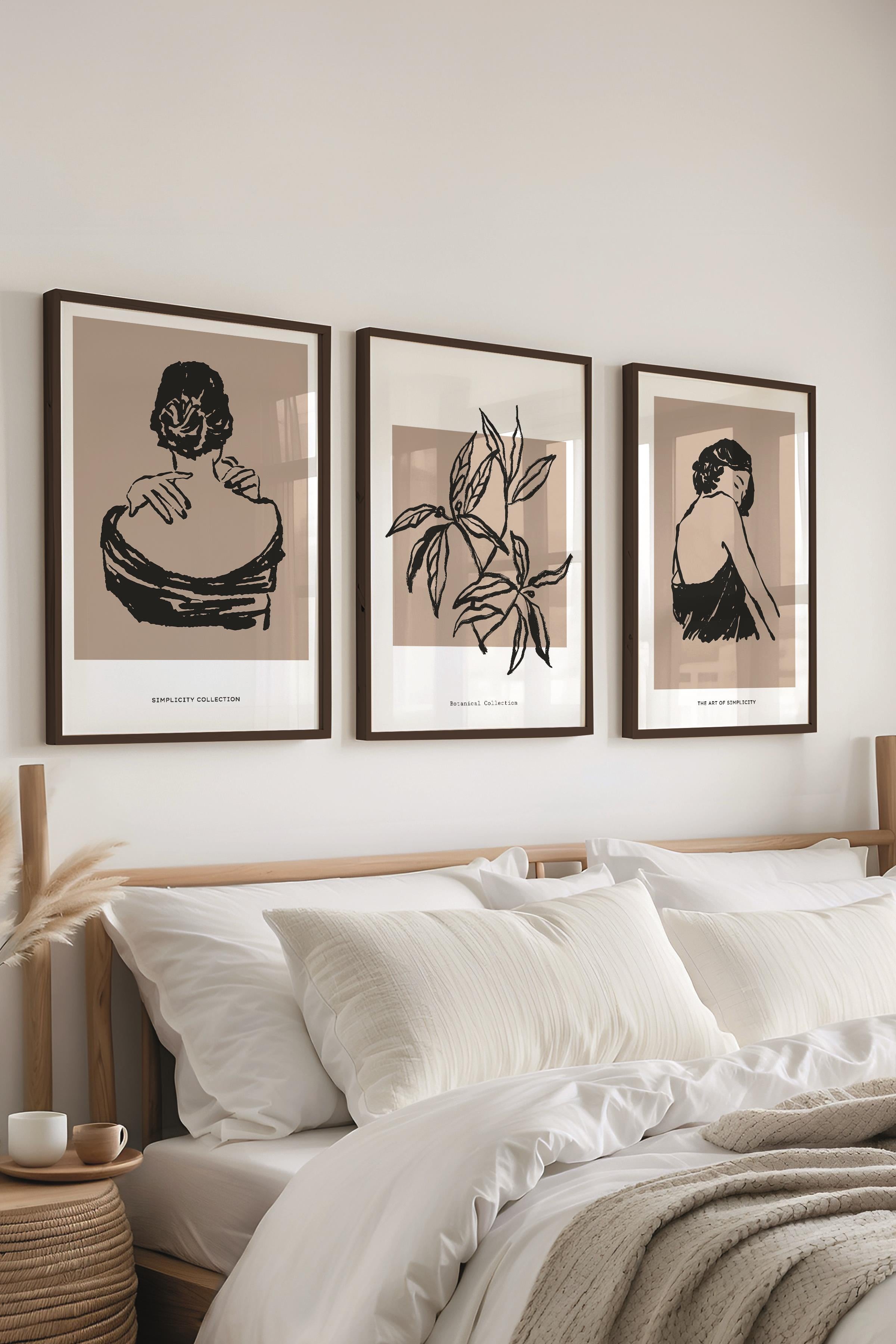 Çerçeveli Tablo Seti, 3 Adet Siyah Çerçeve ve Minimalist Çizim Temalı Poster Seti, No:300604