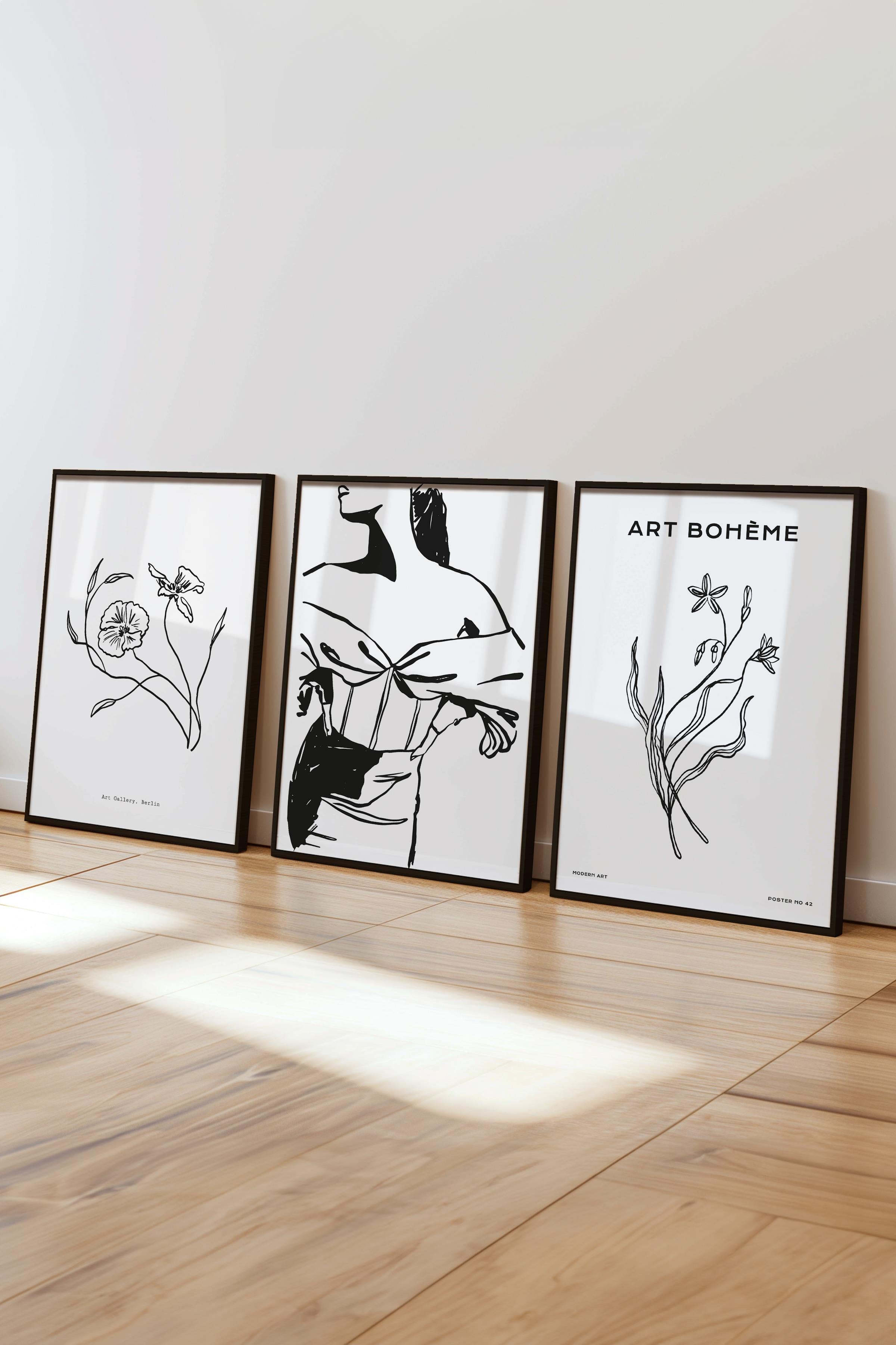 Çerçeveli Tablo Seti, 3 Adet Siyah Çerçeve ve Minimalist Çizim Temalı Poster Seti, No:300605