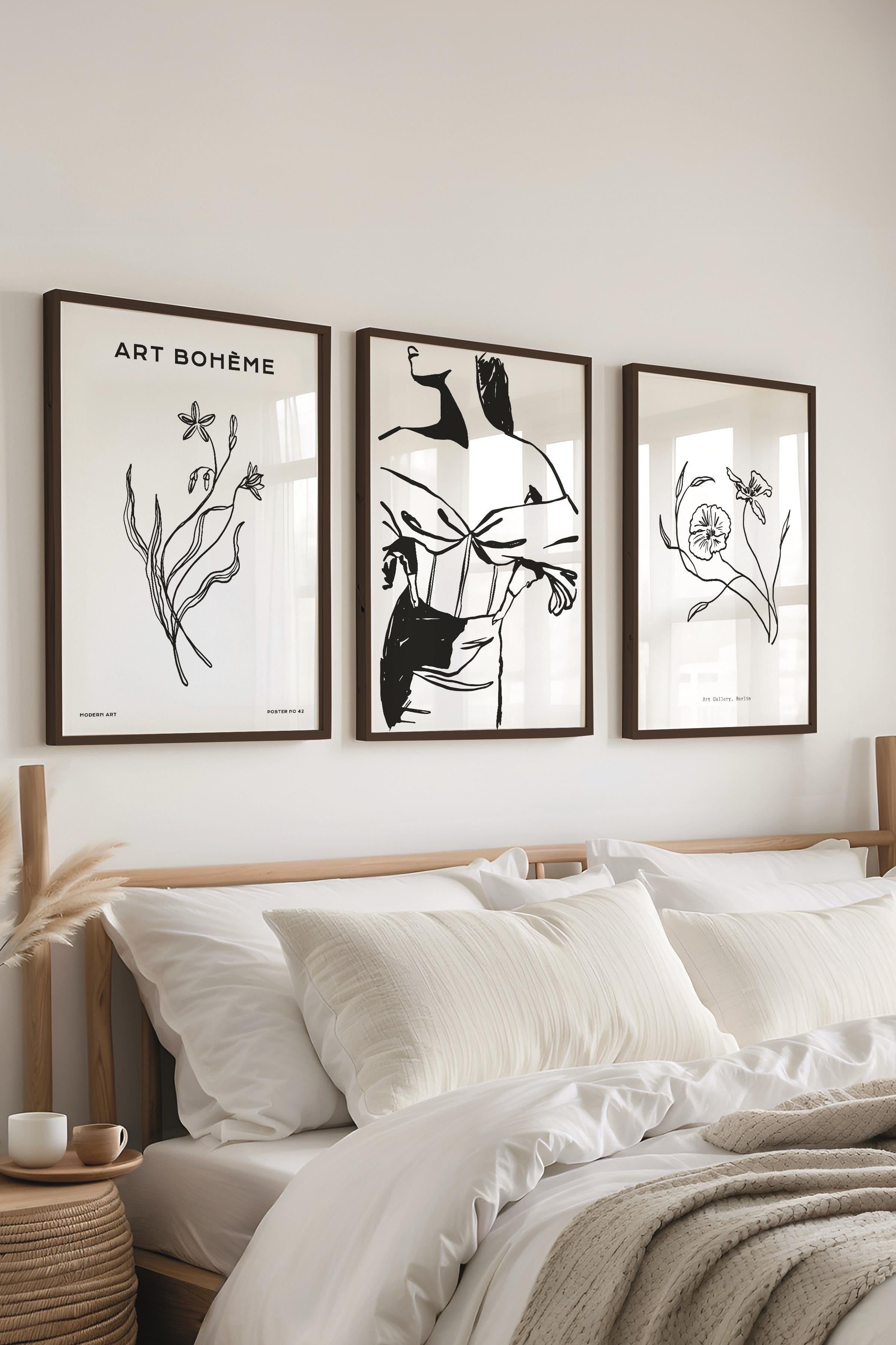 Çerçeveli Tablo Seti, 3 Adet Siyah Çerçeve ve Minimalist Çizim Temalı Poster Seti, No:300605