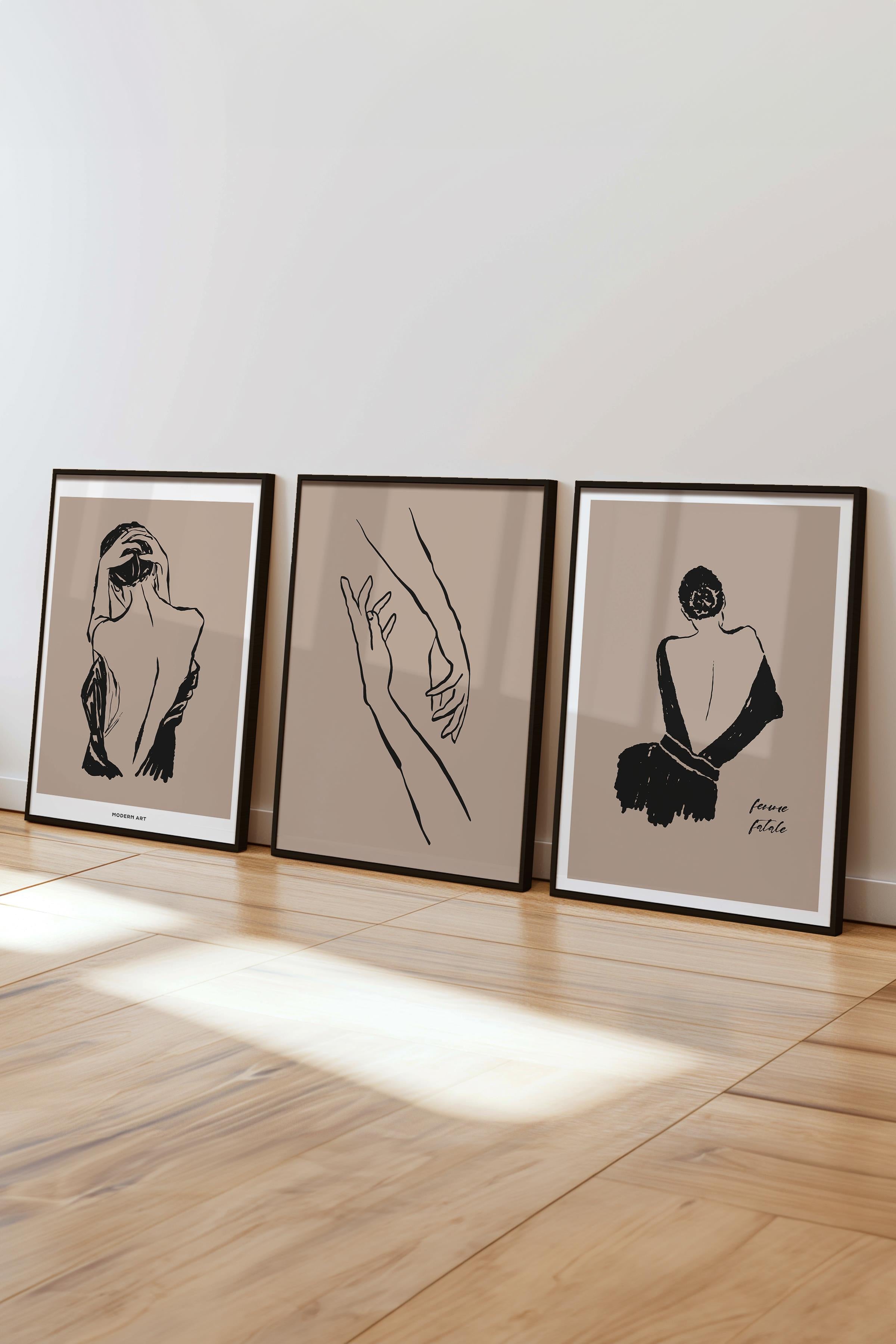 Çerçeveli Tablo Seti, 3 Adet Siyah Çerçeve ve Minimalist Çizim Temalı Poster Seti, No:300606