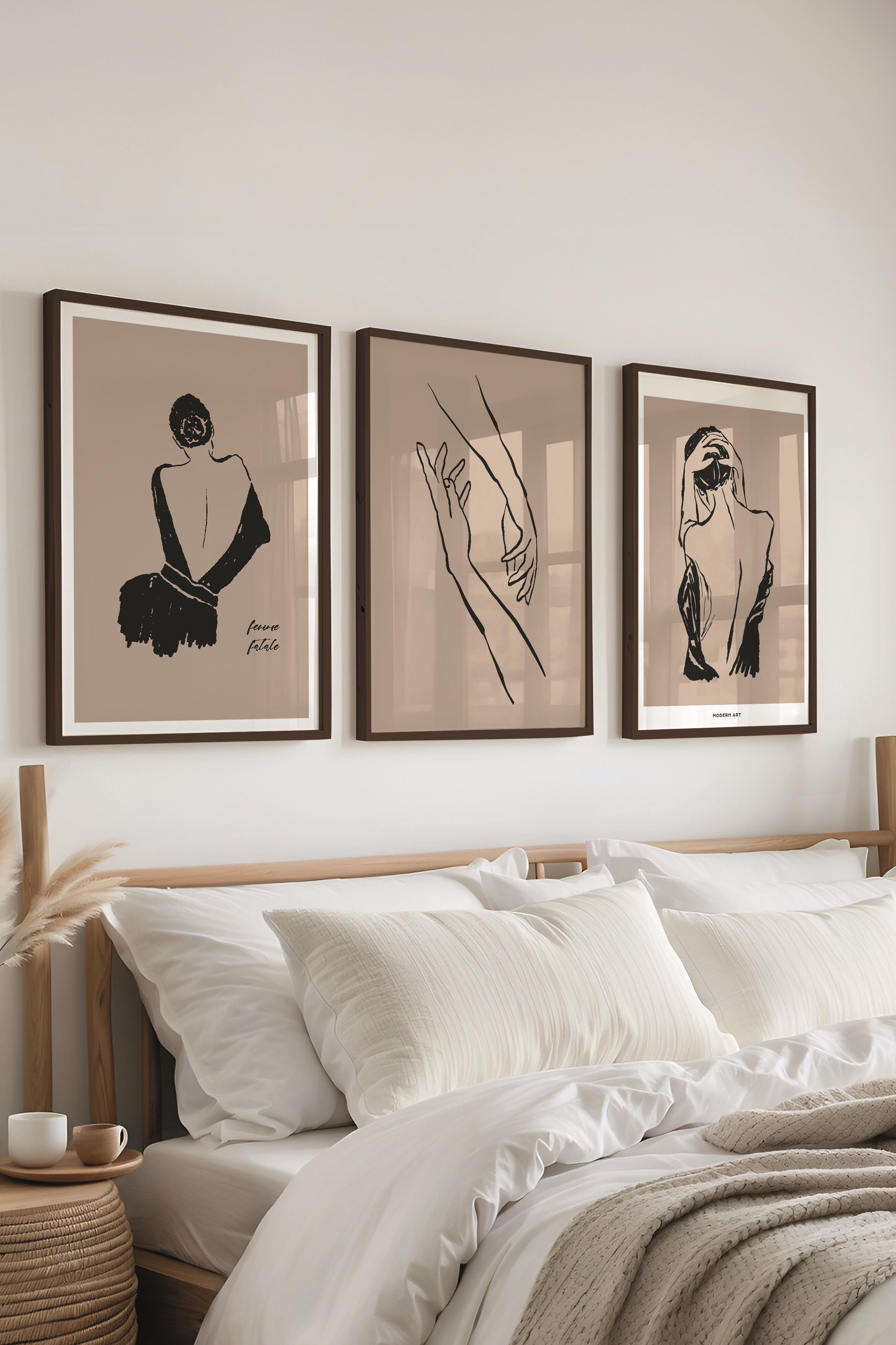 Çerçeveli Tablo Seti, 3 Adet Siyah Çerçeve ve Minimalist Çizim Temalı Poster Seti, No:300606