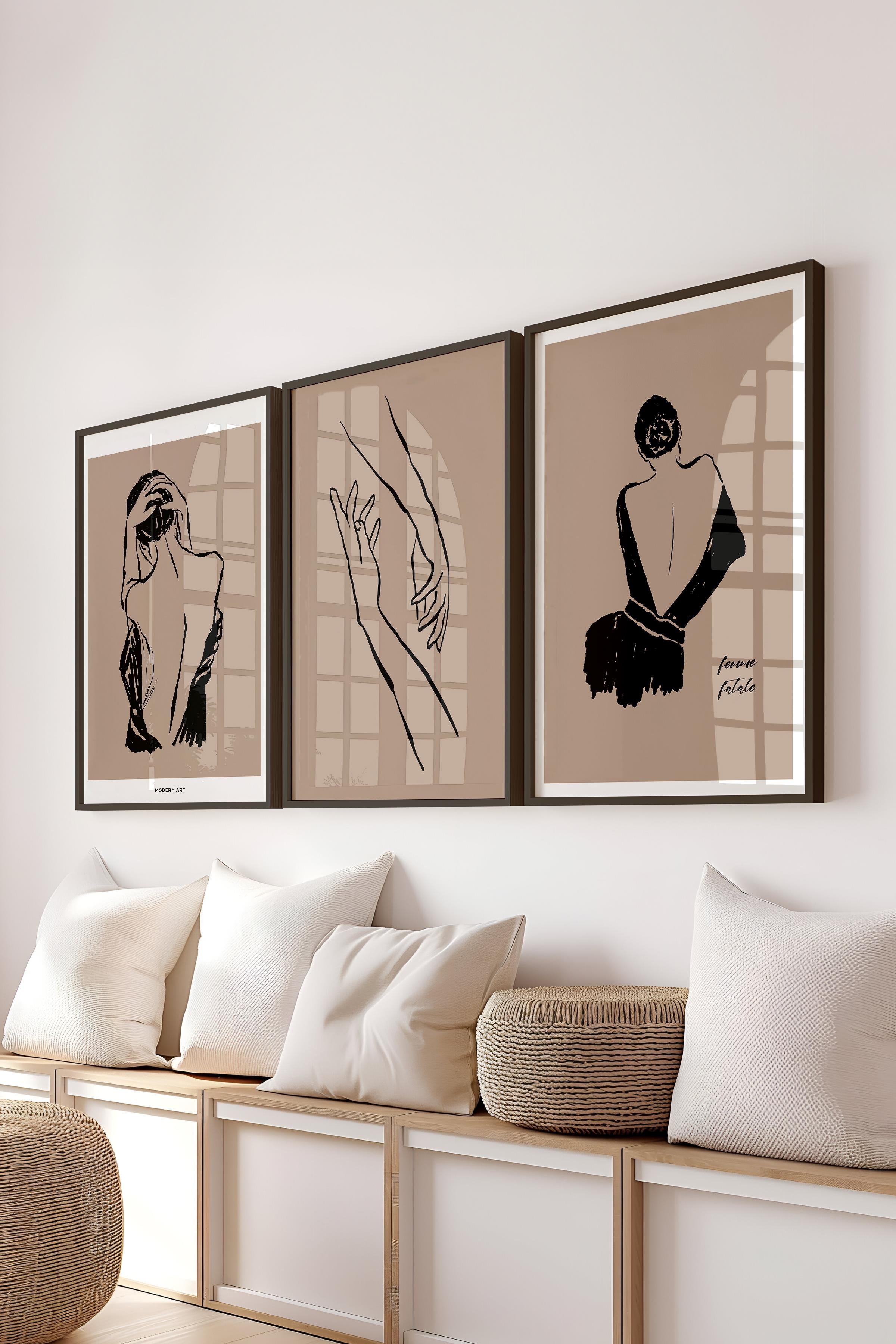 Çerçeveli Tablo Seti, 3 Adet Siyah Çerçeve ve Minimalist Çizim Temalı Poster Seti, No:300606