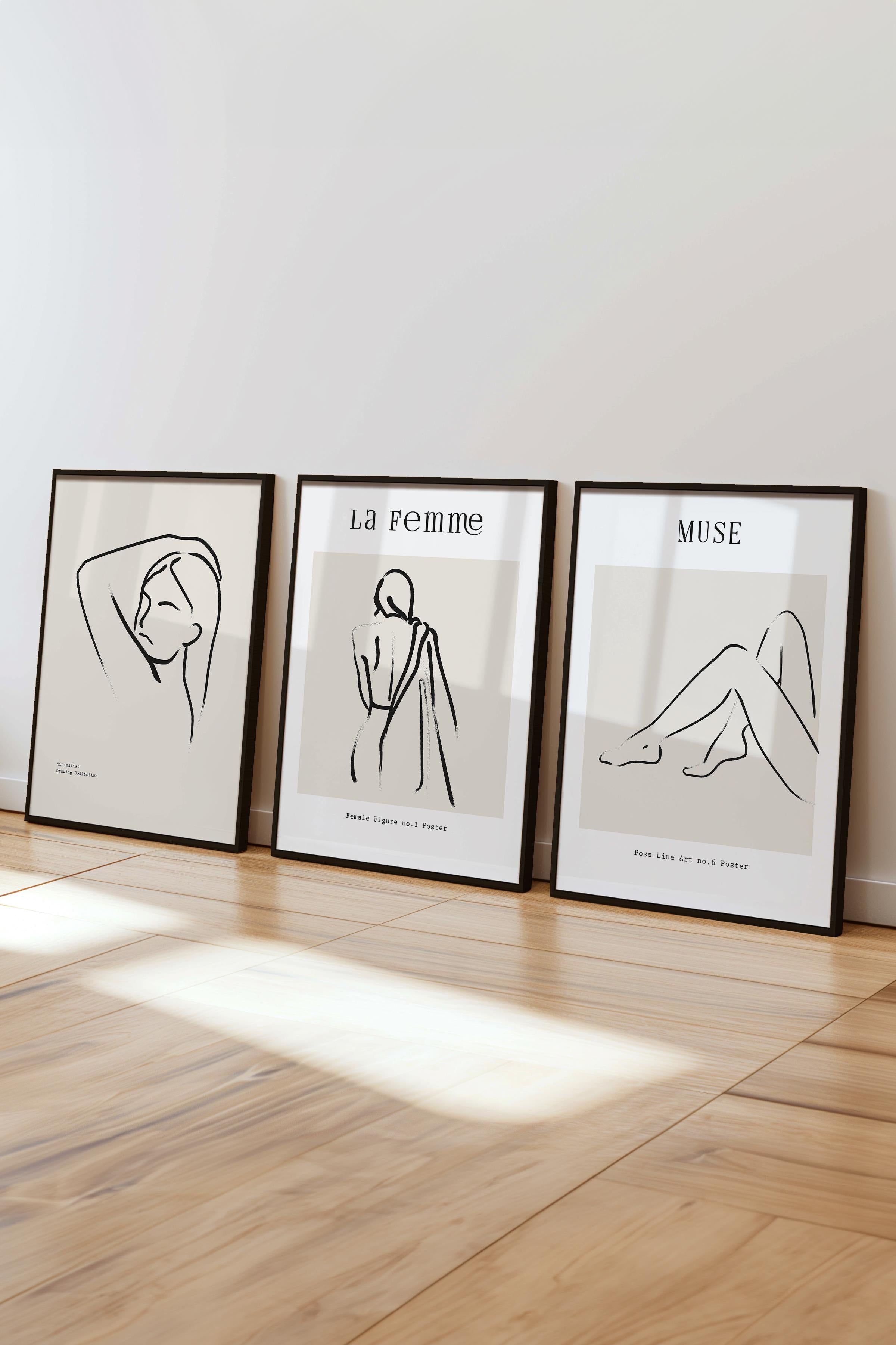 Çerçeveli Tablo Seti, 3 Adet Siyah Çerçeve ve Minimalist Çizim Temalı Poster Seti, No:300608