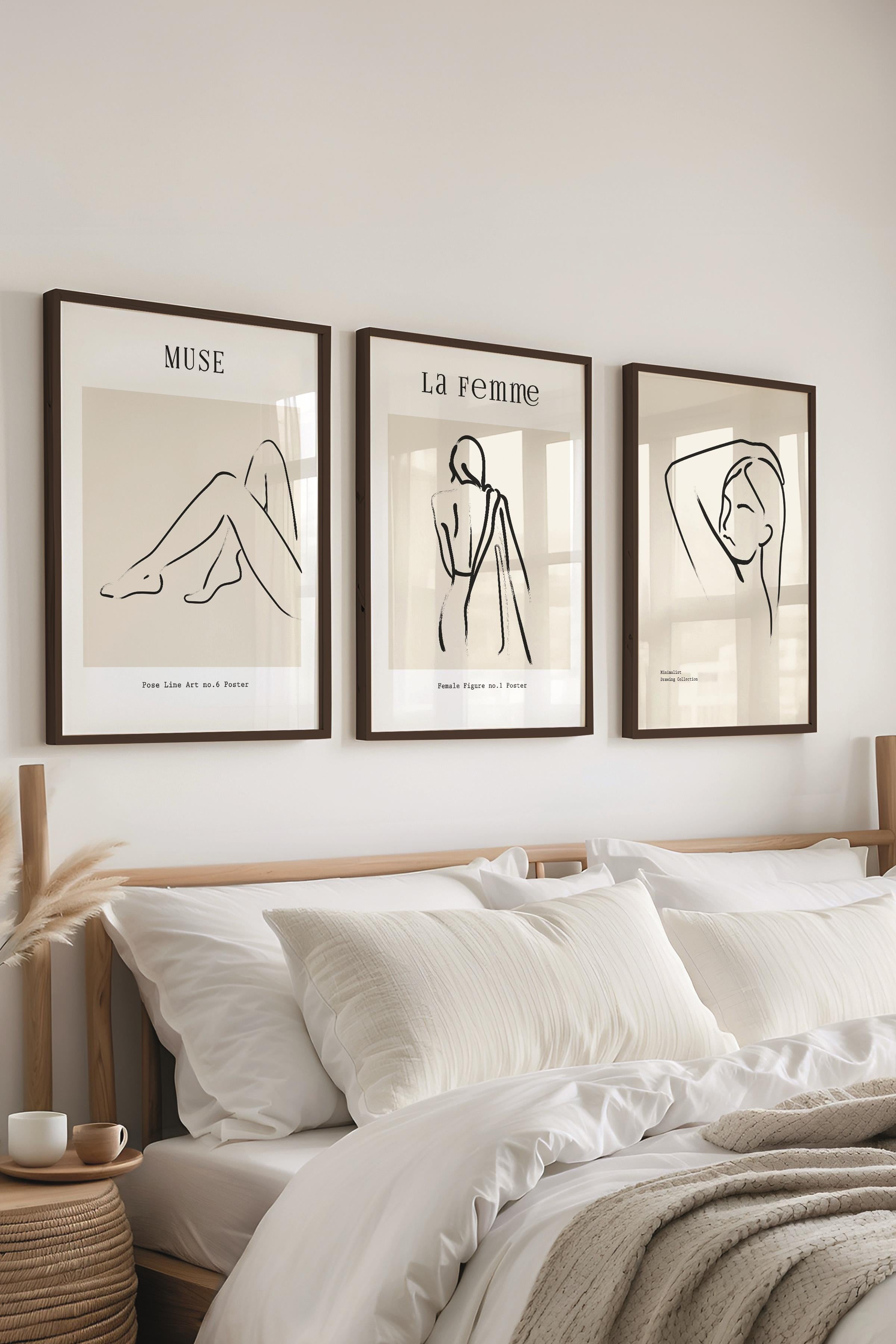 Çerçeveli Tablo Seti, 3 Adet Siyah Çerçeve ve Minimalist Çizim Temalı Poster Seti, No:300608