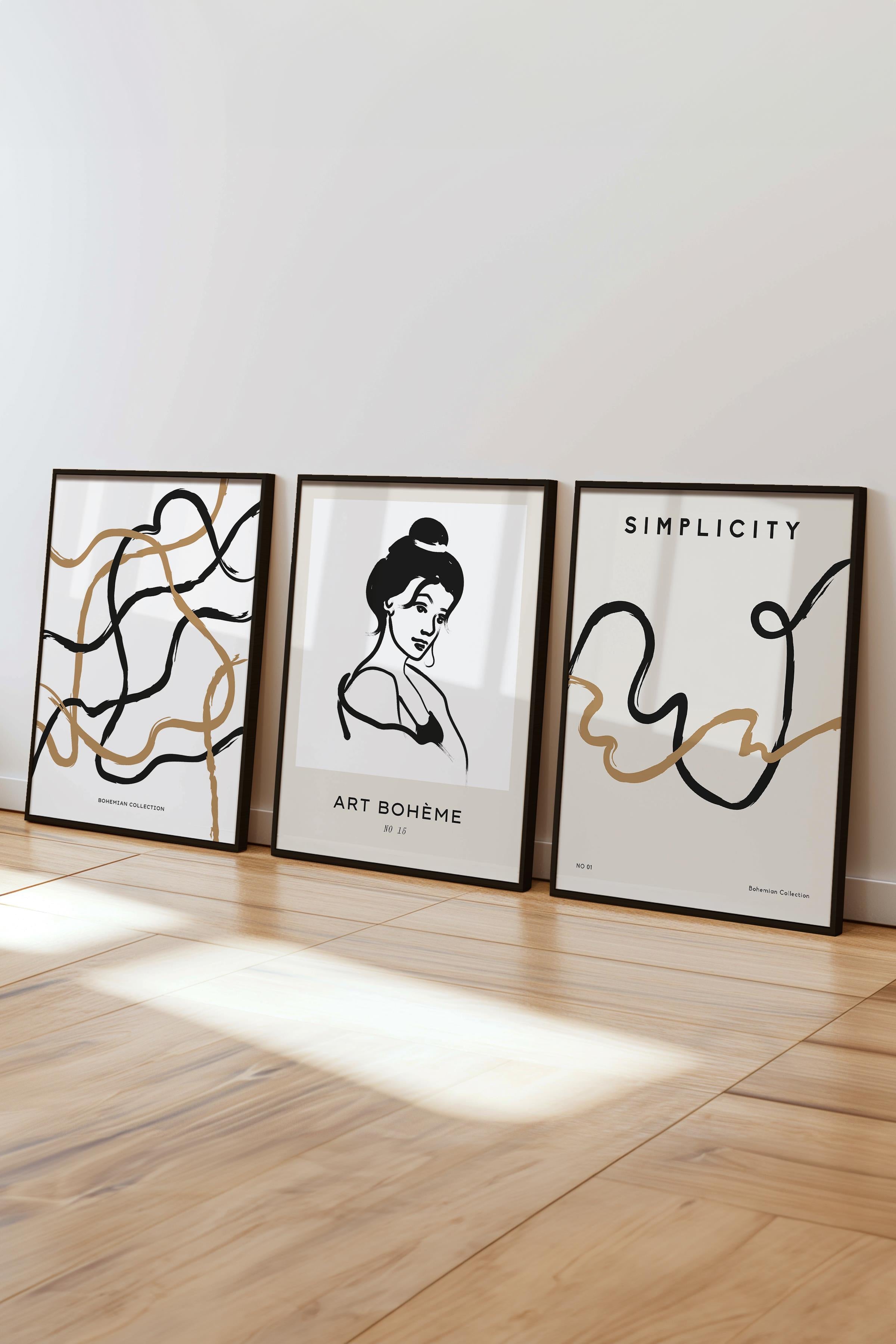 Çerçeveli Tablo Seti, 3 Adet Siyah Çerçeve ve Minimalist Çizim Temalı Poster Seti, No:300610