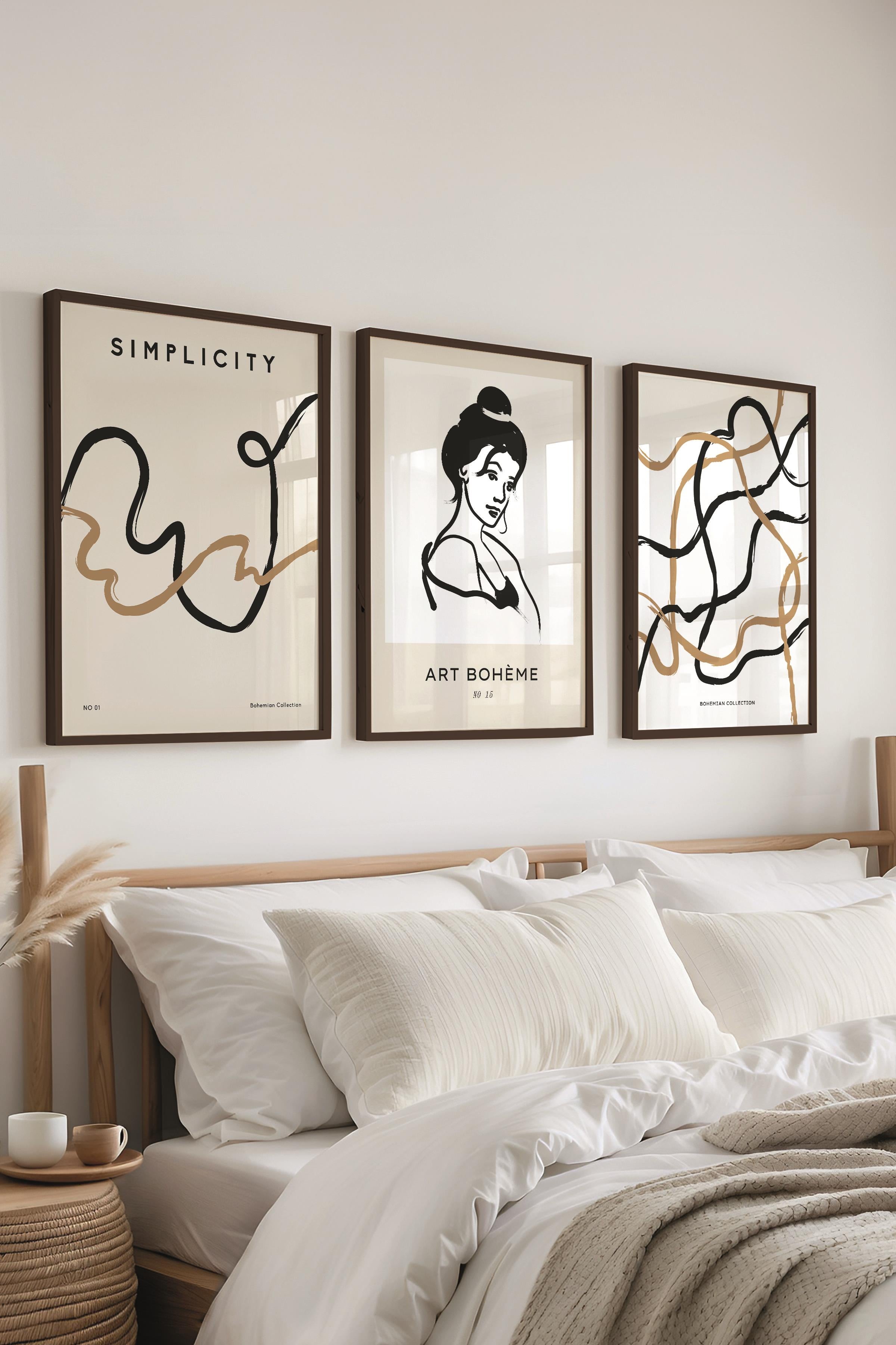 Çerçeveli Tablo Seti, 3 Adet Siyah Çerçeve ve Minimalist Çizim Temalı Poster Seti, No:300610