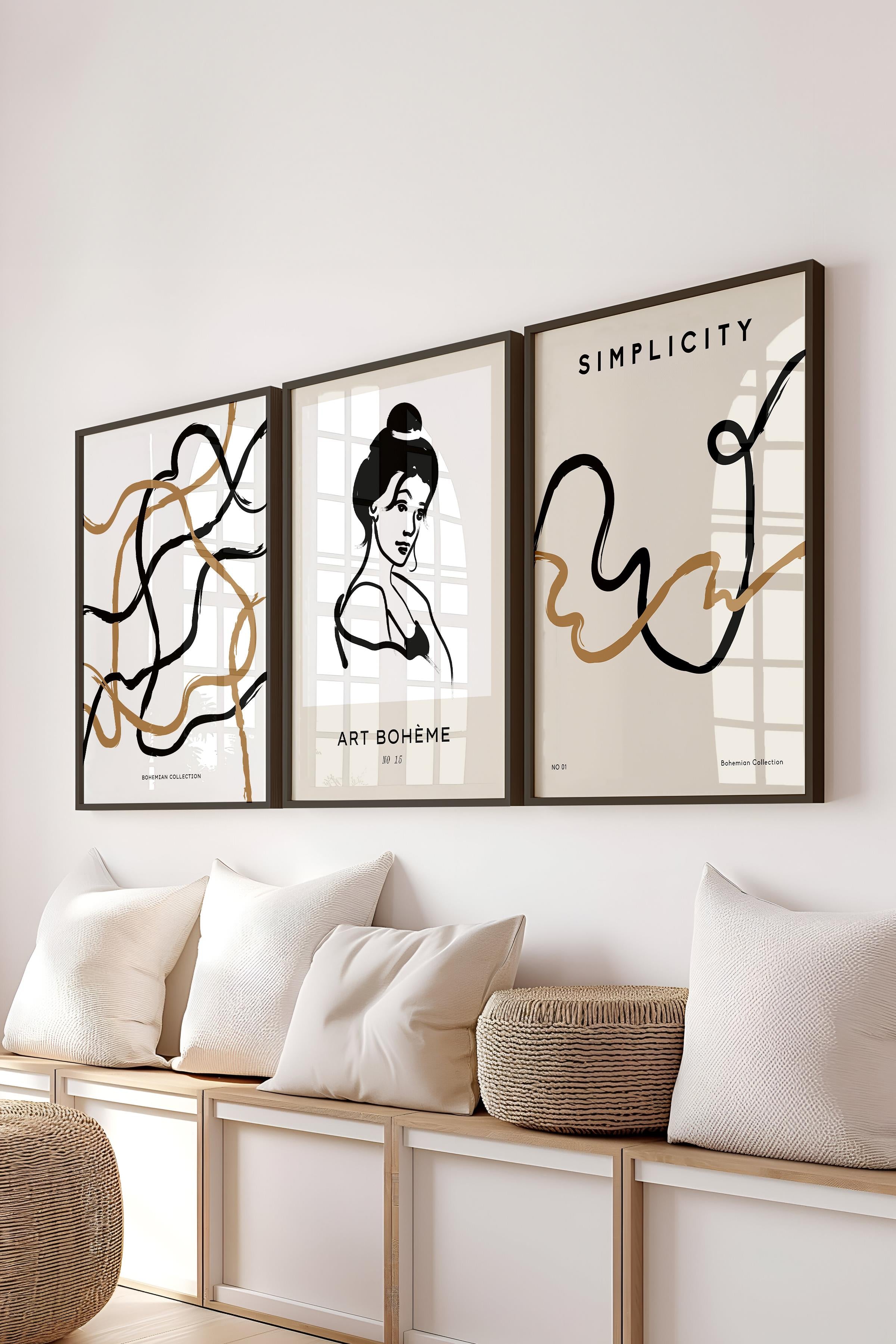 Çerçeveli Tablo Seti, 3 Adet Siyah Çerçeve ve Minimalist Çizim Temalı Poster Seti, No:300610