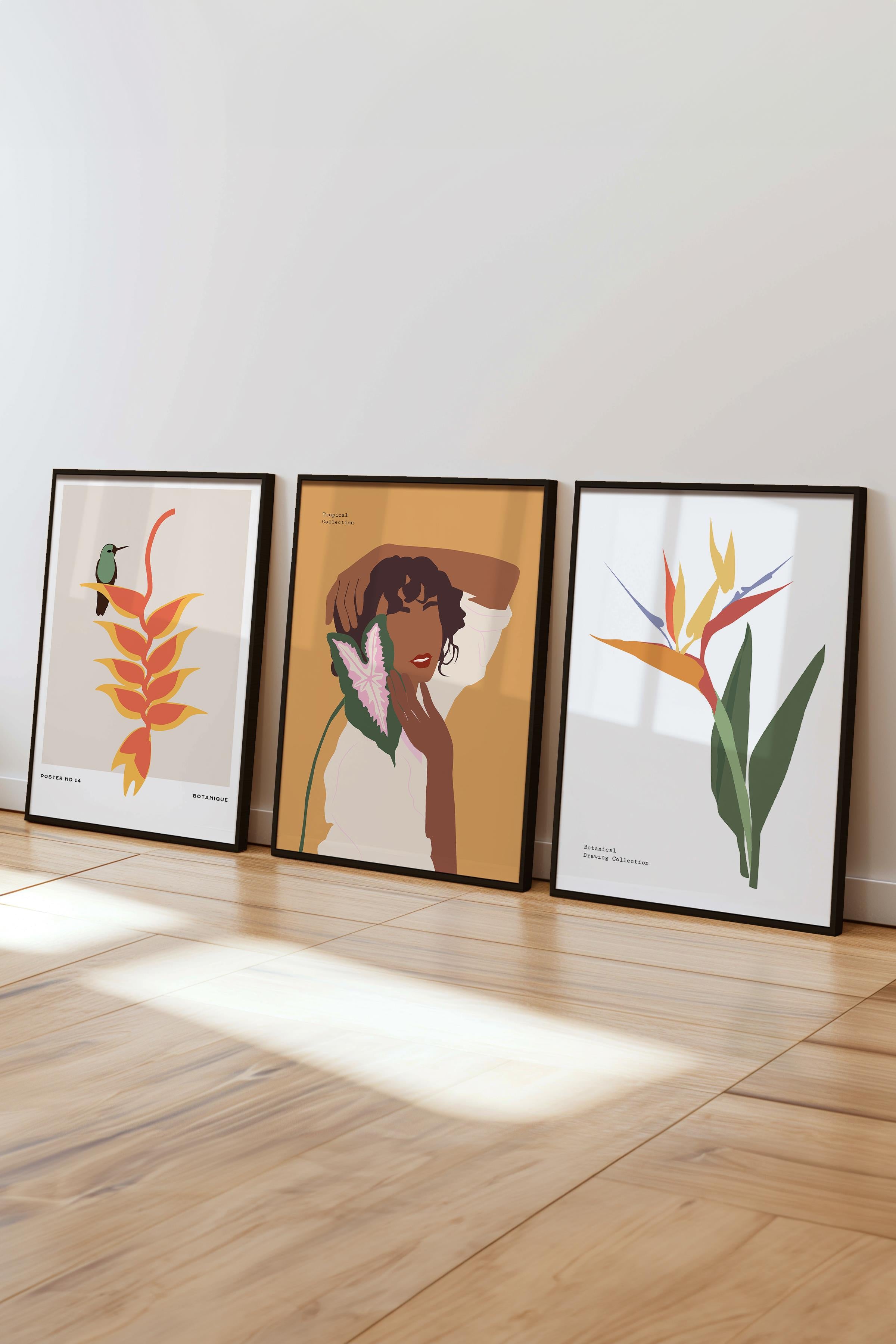 Çerçeveli Tablo Seti, 3 Adet Siyah Çerçeve ve Minimalist Çizim Temalı Poster Seti, No:300611