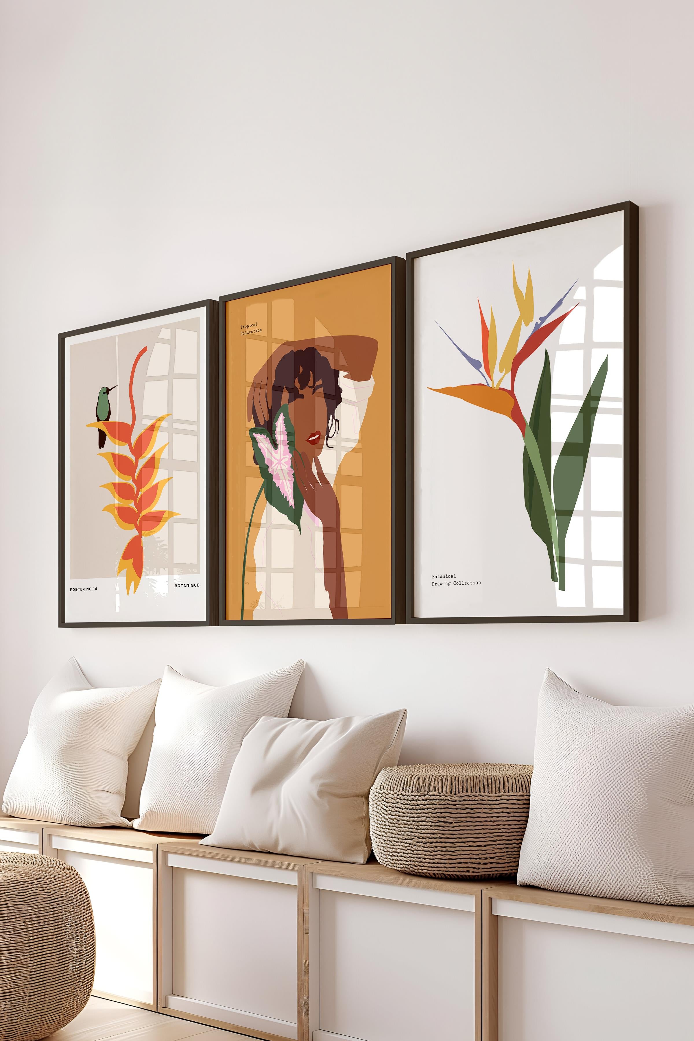 Çerçeveli Tablo Seti, 3 Adet Siyah Çerçeve ve Minimalist Çizim Temalı Poster Seti, No:300611