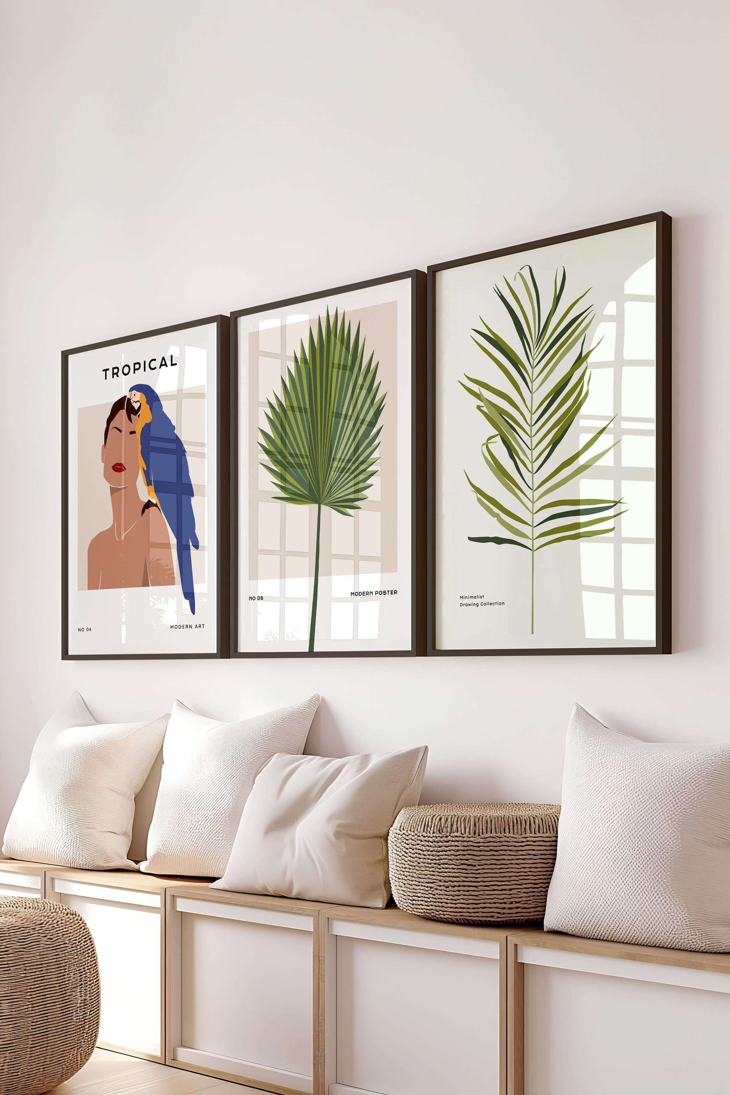 Çerçeveli Tablo Seti, 3 Adet Siyah Çerçeve ve Minimalist Çizim Temalı Poster Seti, No:300612