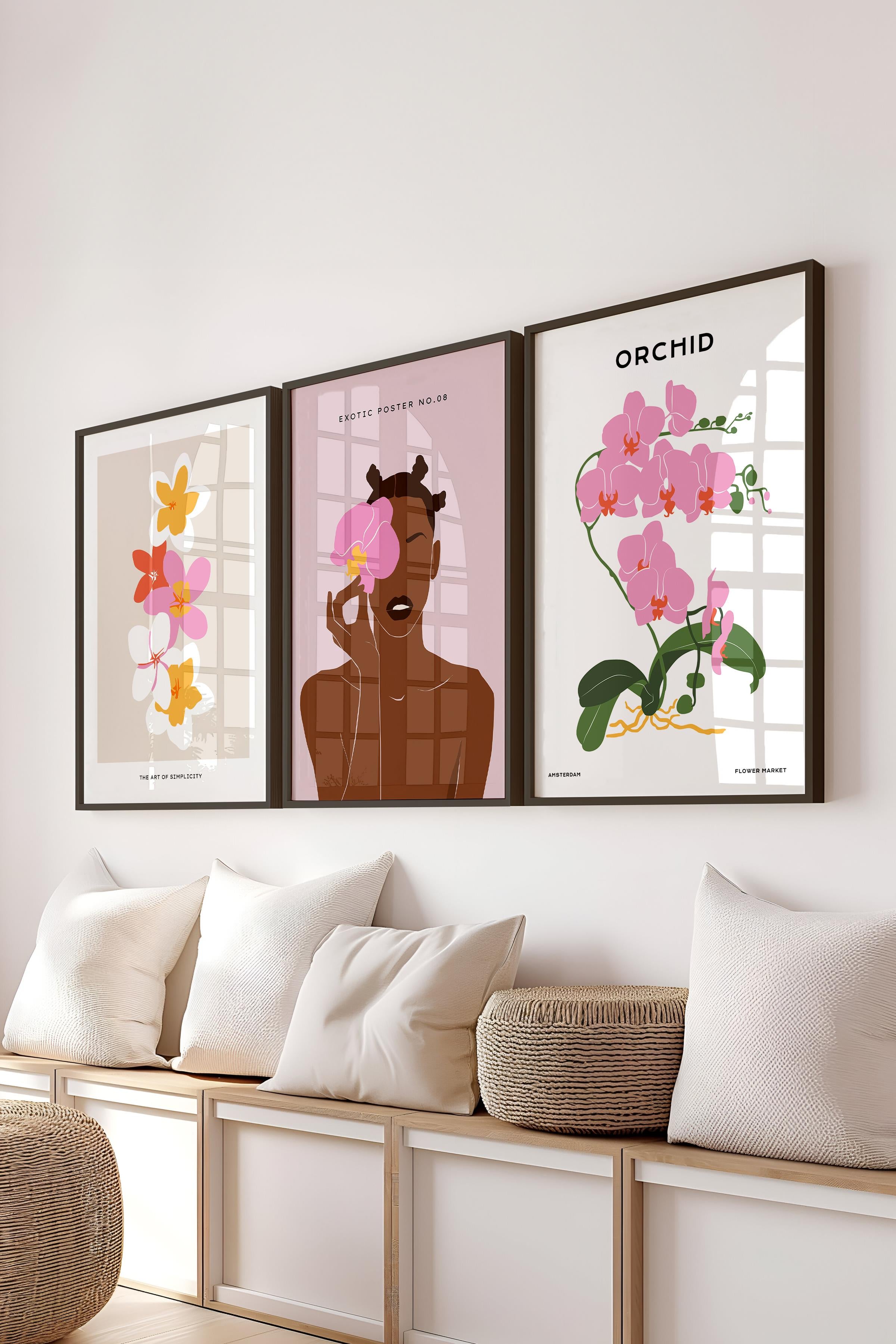 Çerçeveli Tablo Seti, 3 Adet Siyah Çerçeve ve Minimalist Çizim Temalı Poster Seti, No:300613