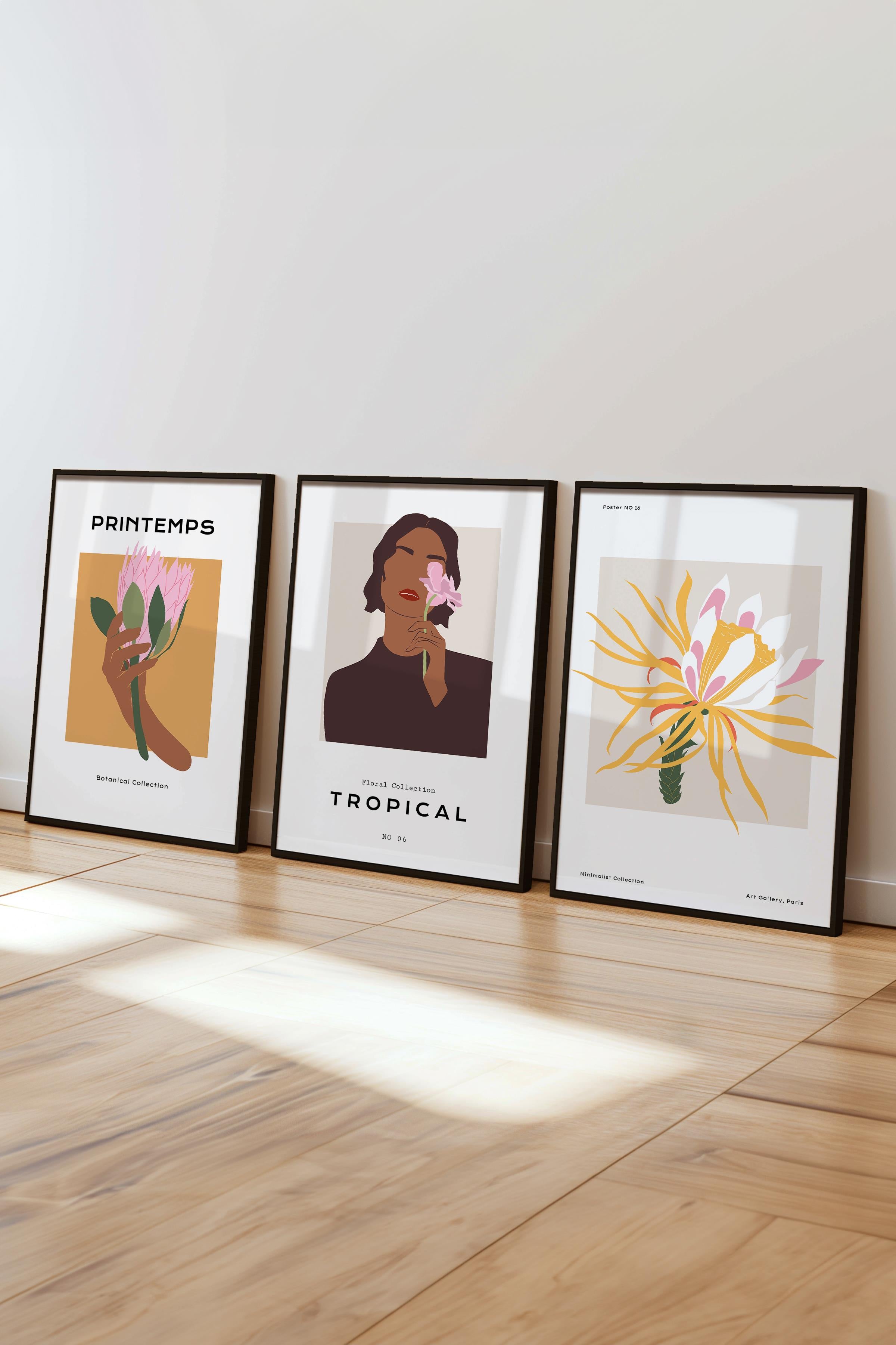 Çerçeveli Tablo Seti, 3 Adet Siyah Çerçeve ve Minimalist Çizim Temalı Poster Seti, No:300614