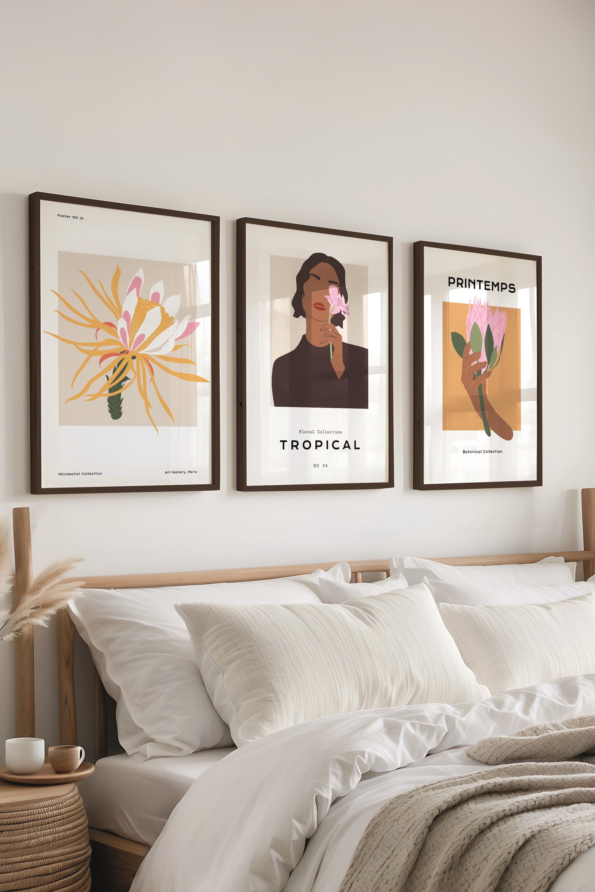 Çerçeveli Tablo Seti, 3 Adet Siyah Çerçeve ve Minimalist Çizim Temalı Poster Seti, No:300614