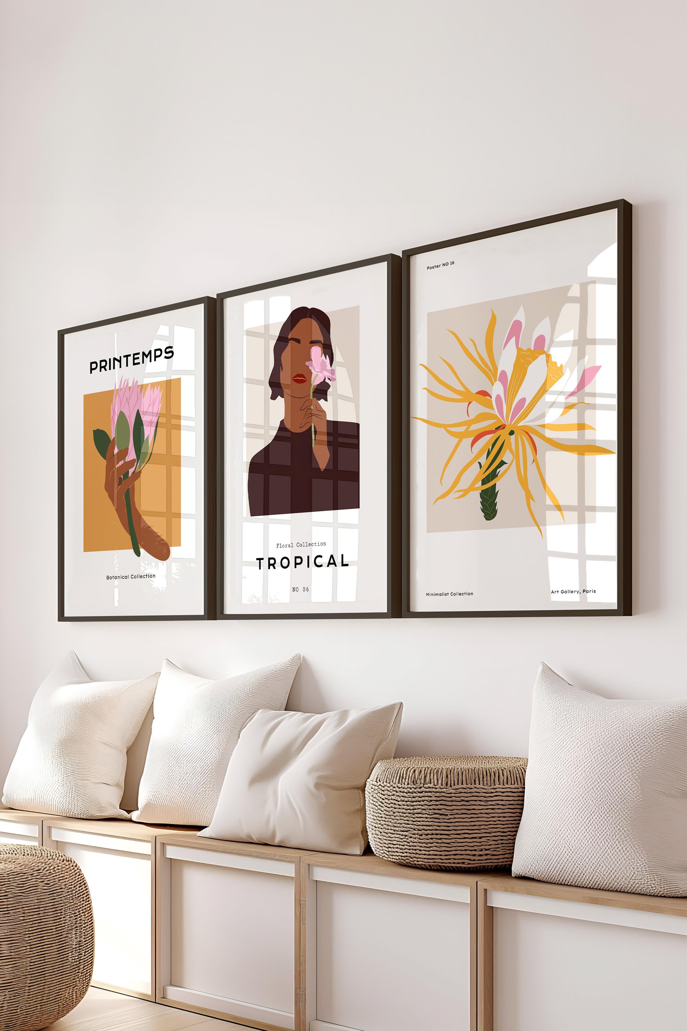 Çerçeveli Tablo Seti, 3 Adet Siyah Çerçeve ve Minimalist Çizim Temalı Poster Seti, No:300614