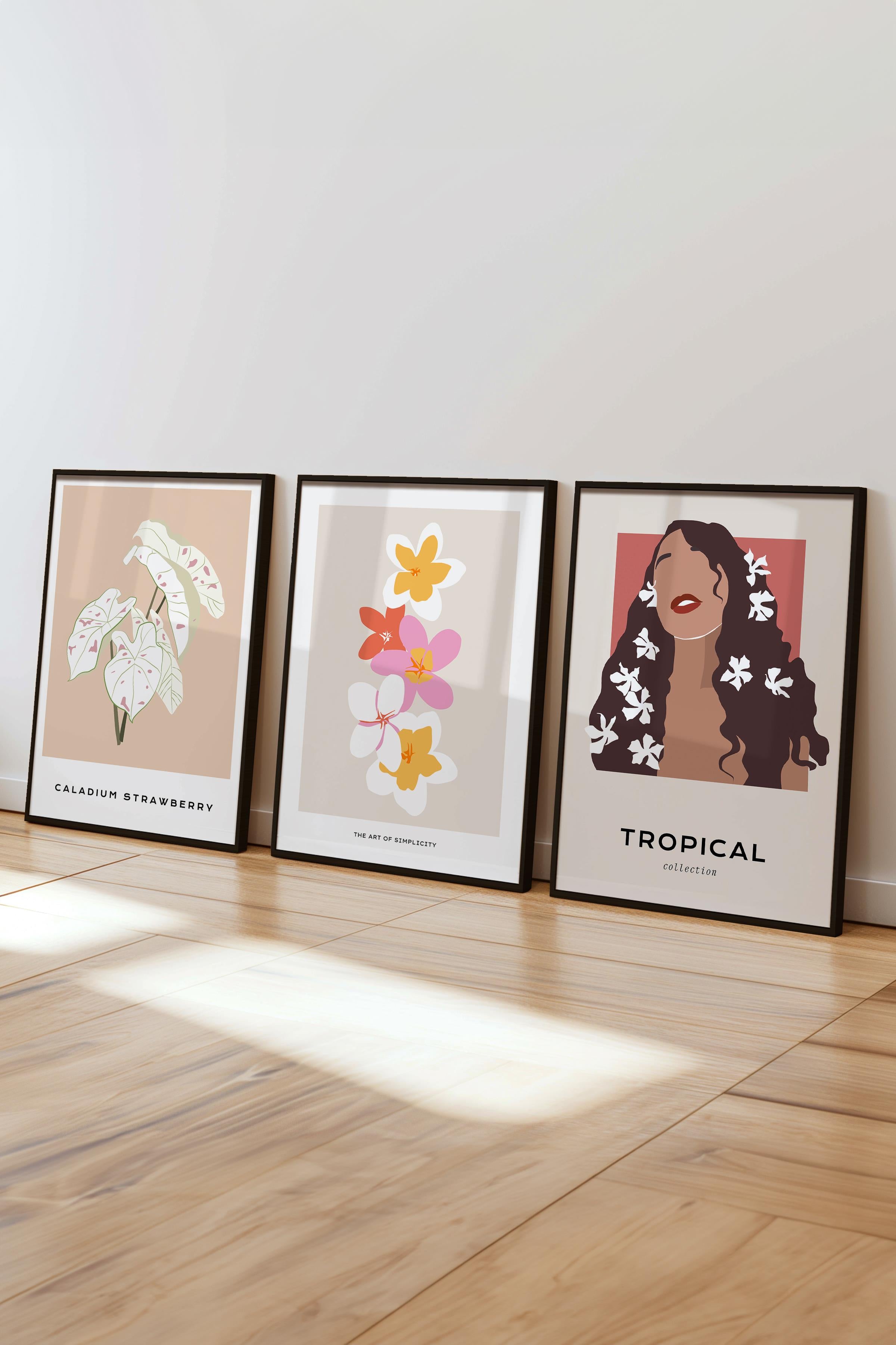 Çerçeveli Tablo Seti, 3 Adet Siyah Çerçeve ve Minimalist Çizim Temalı Poster Seti, No:300616