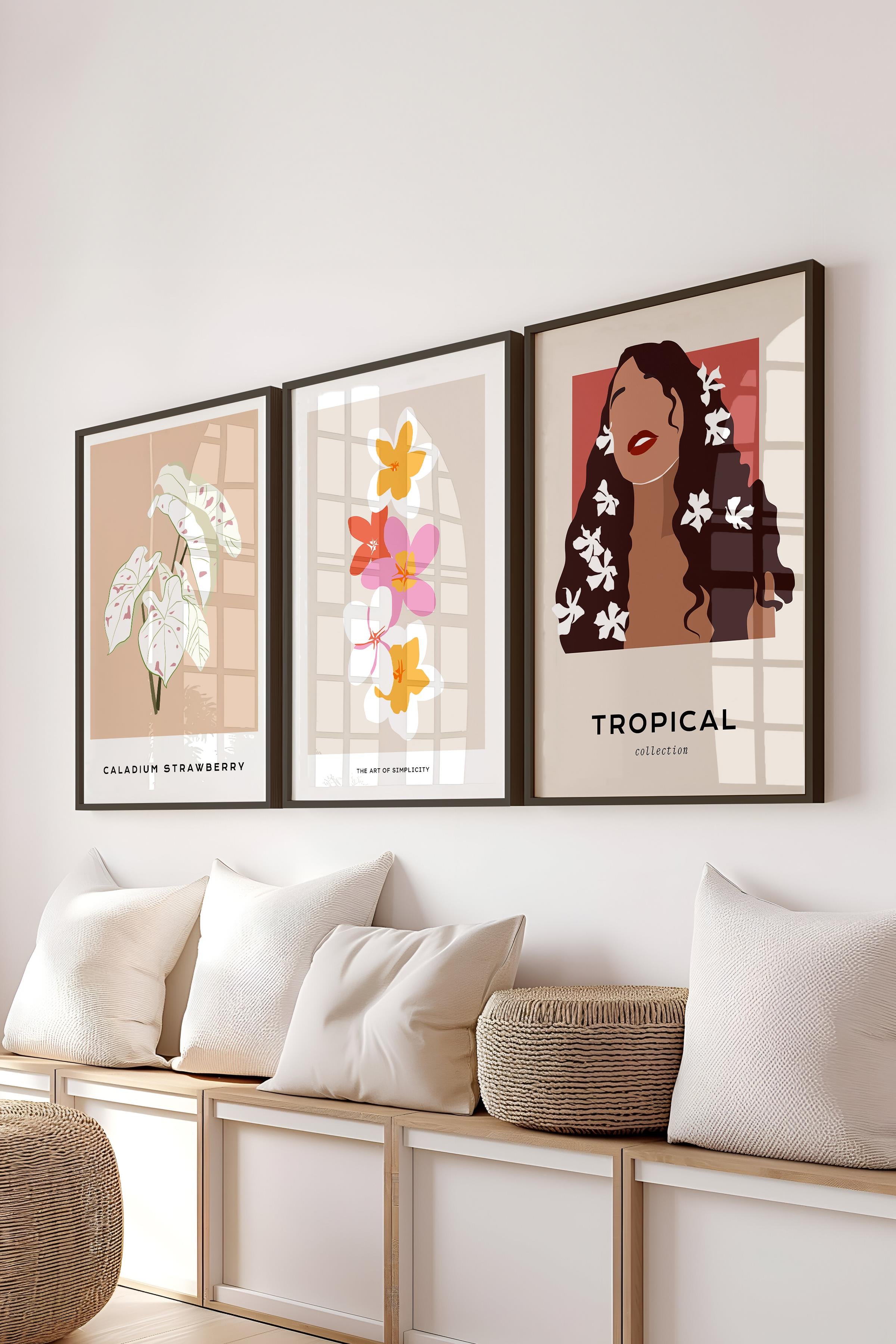 Çerçeveli Tablo Seti, 3 Adet Siyah Çerçeve ve Minimalist Çizim Temalı Poster Seti, No:300616