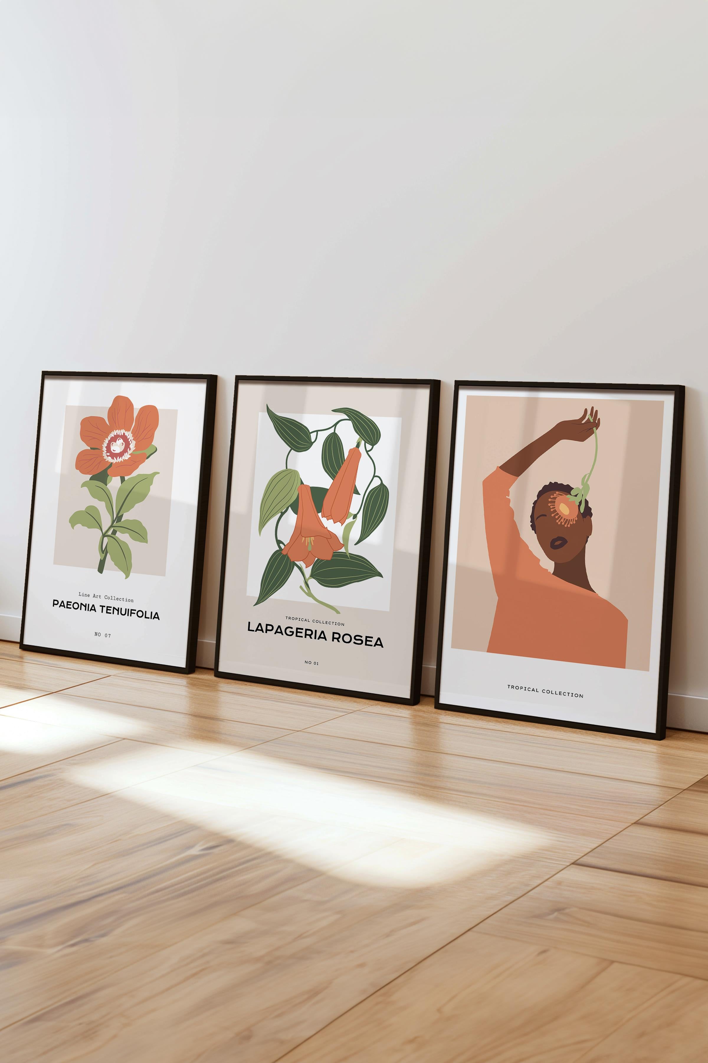 Çerçeveli Tablo Seti, 3 Adet Siyah Çerçeve ve Minimalist Çizim Temalı Poster Seti, No:300620