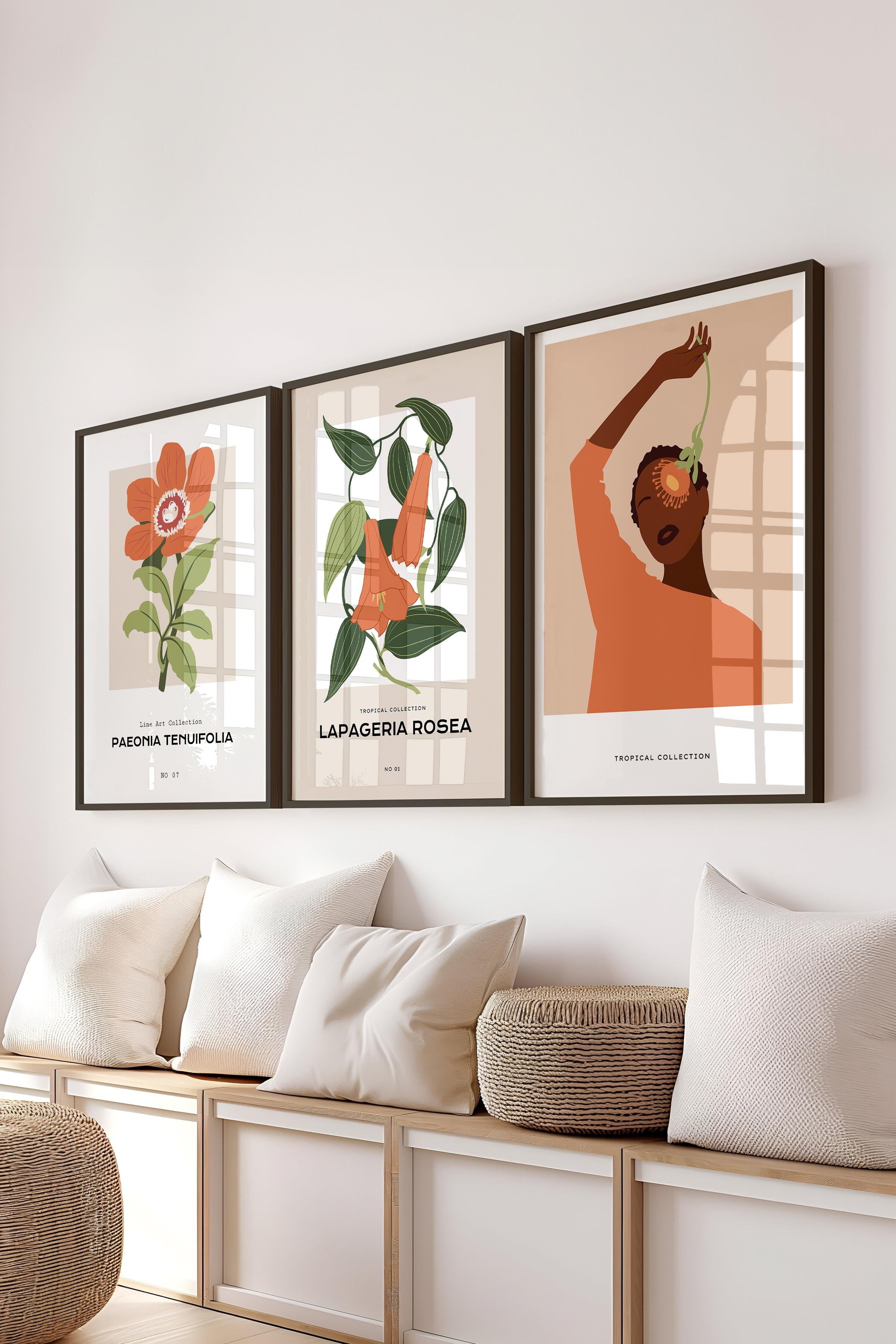 Çerçeveli Tablo Seti, 3 Adet Siyah Çerçeve ve Minimalist Çizim Temalı Poster Seti, No:300620