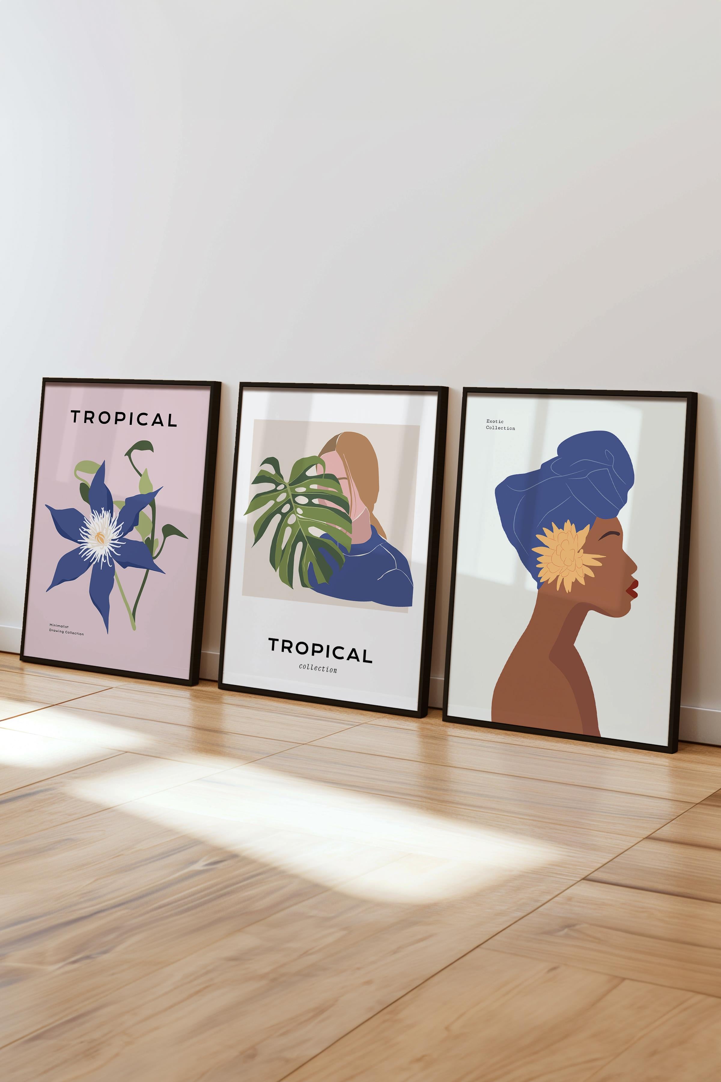 Çerçeveli Tablo Seti, 3 Adet Siyah Çerçeve ve Minimalist Çizim Temalı Poster Seti, No:300621