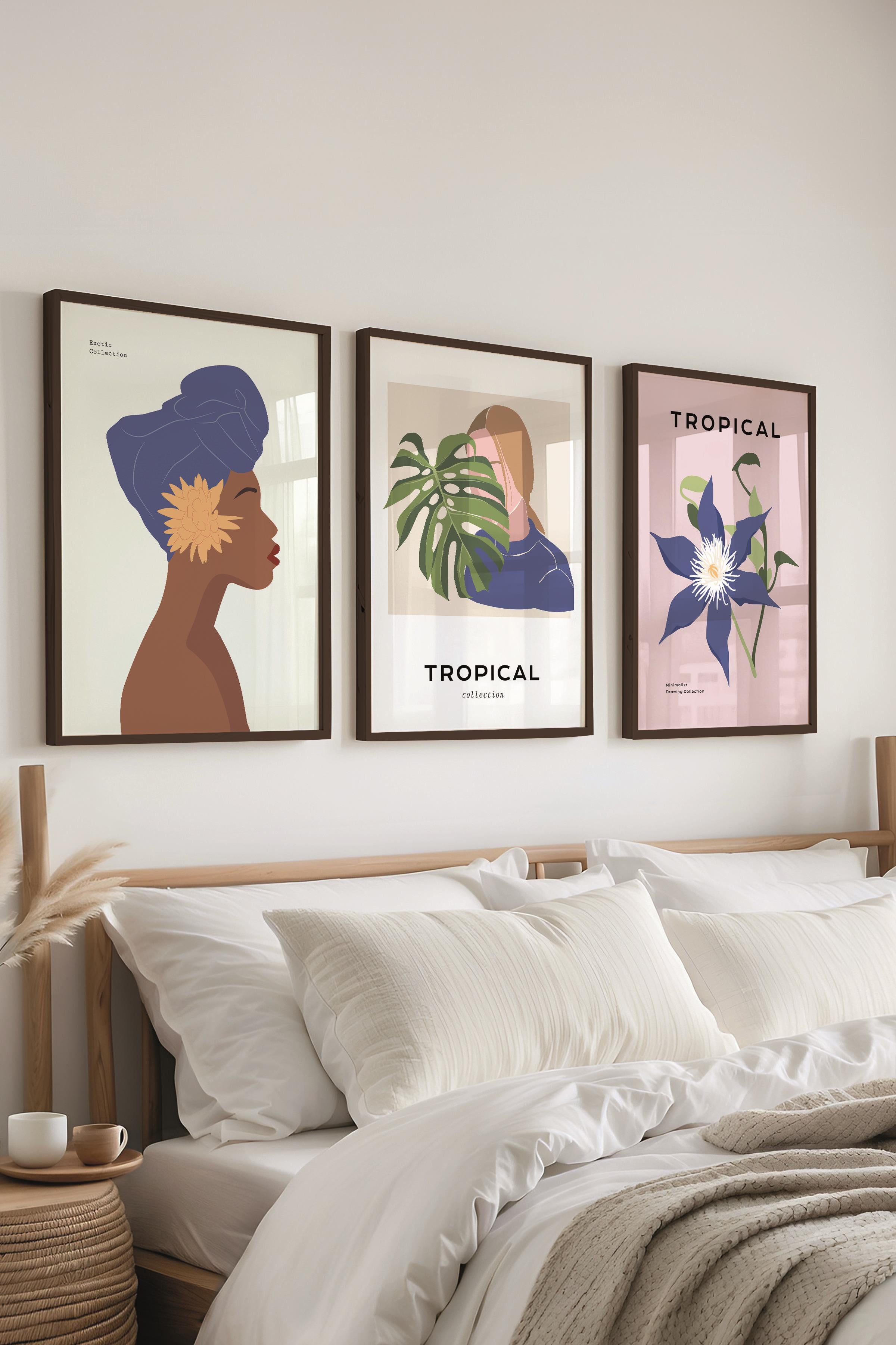 Çerçeveli Tablo Seti, 3 Adet Siyah Çerçeve ve Minimalist Çizim Temalı Poster Seti, No:300621