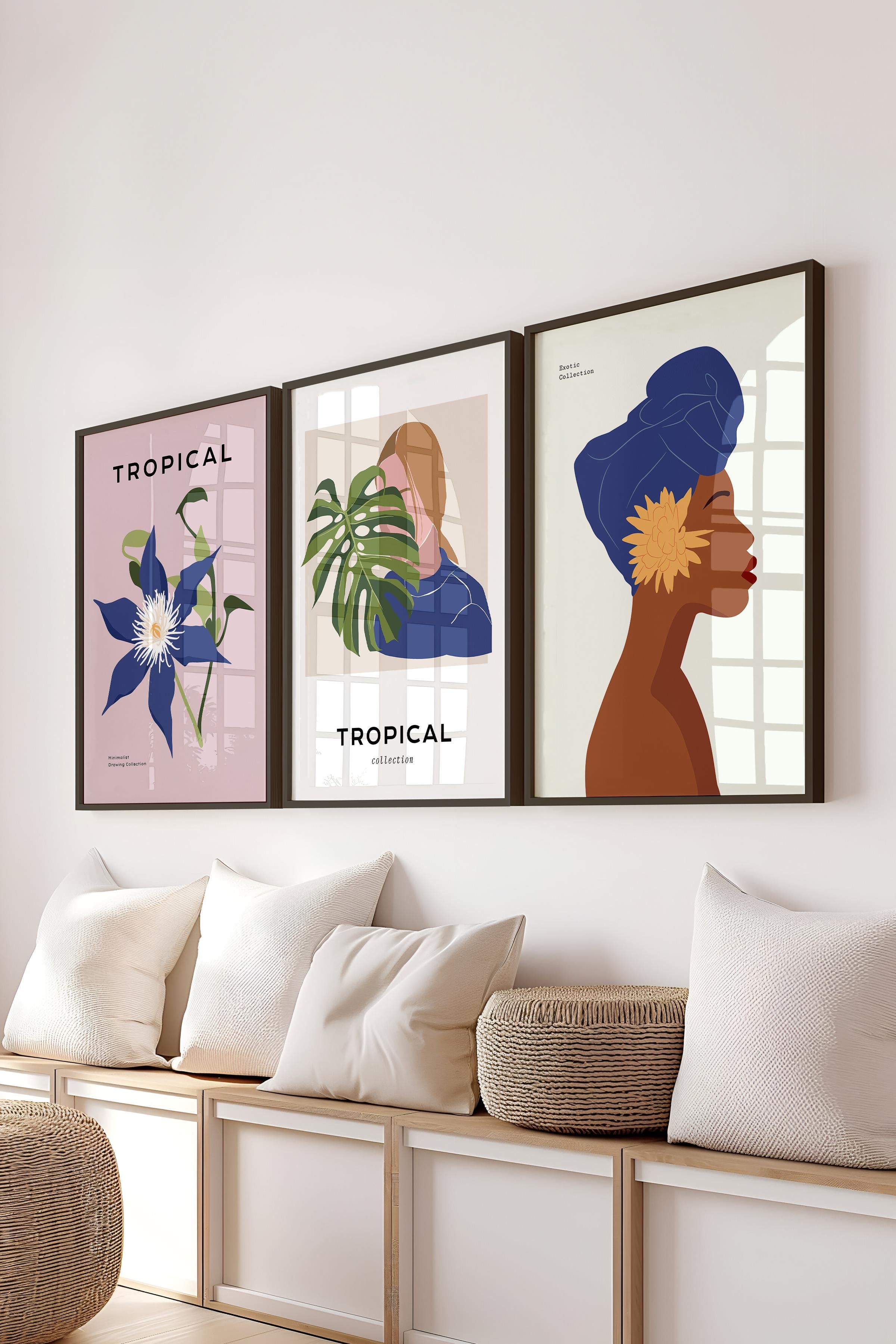 Çerçeveli Tablo Seti, 3 Adet Siyah Çerçeve ve Minimalist Çizim Temalı Poster Seti, No:300621