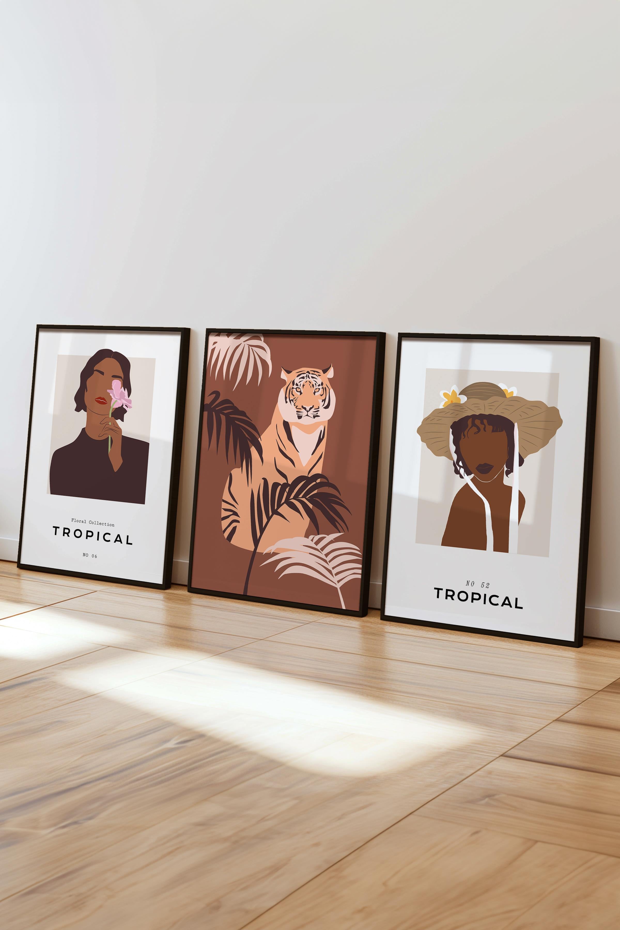 Çerçeveli Tablo Seti, 3 Adet Siyah Çerçeve ve Minimalist Çizim Temalı Poster Seti, No:300622