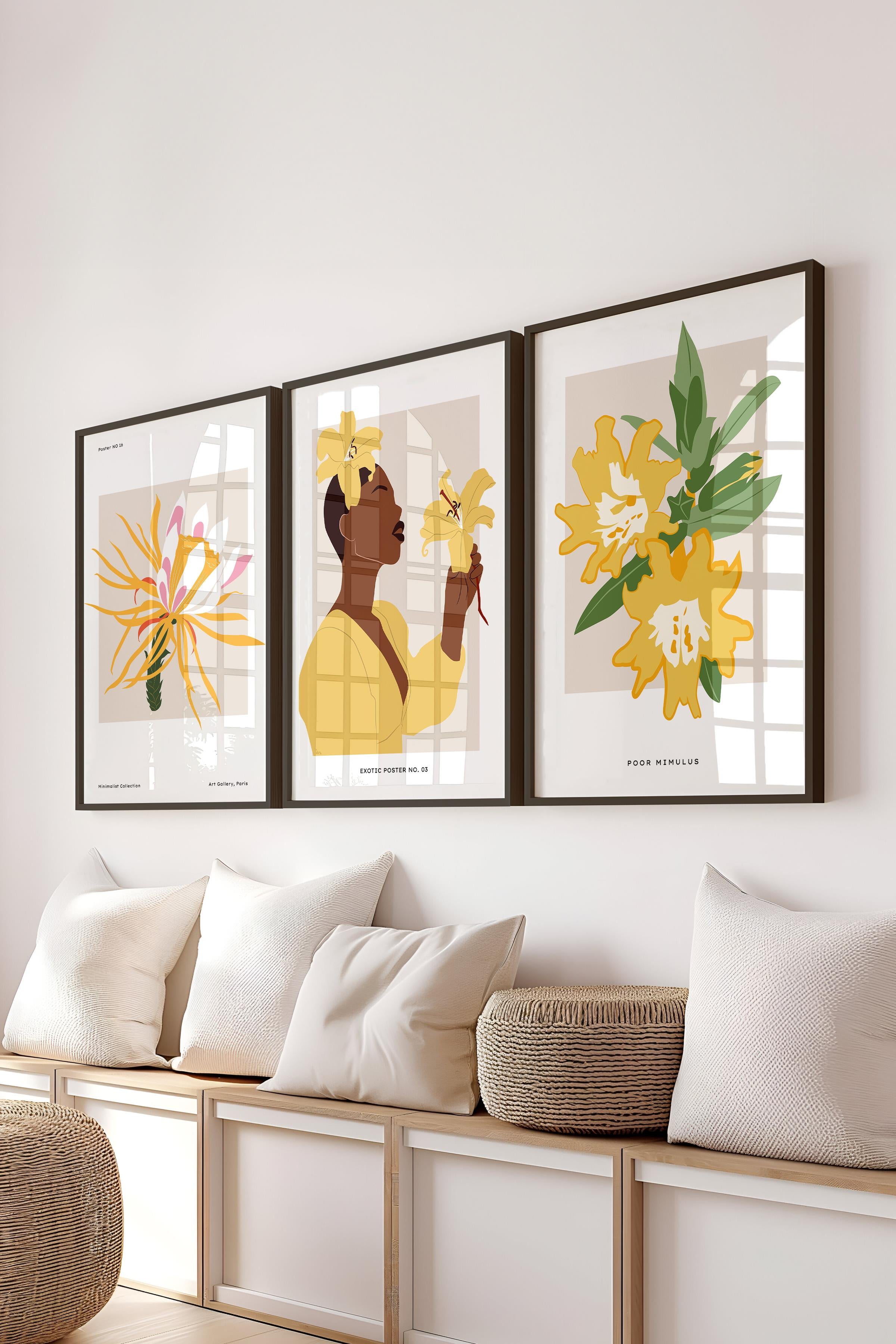 Çerçeveli Tablo Seti, 3 Adet Siyah Çerçeve ve Minimalist Çizim Temalı Poster Seti, No:300623