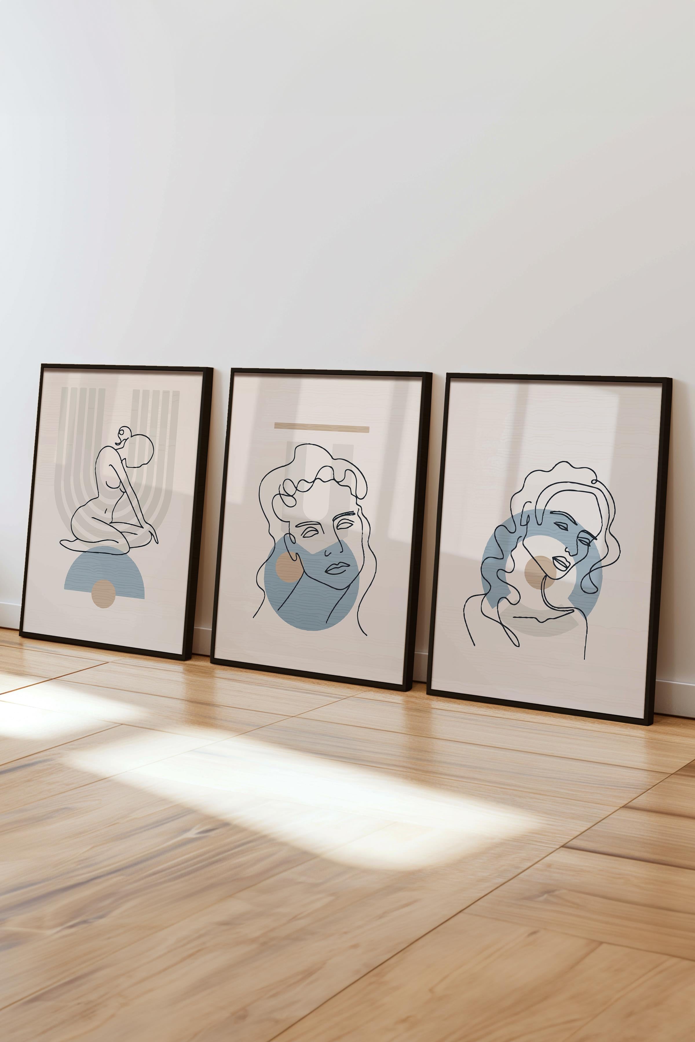 Çerçeveli Tablo Seti, 3 Adet Siyah Çerçeve ve Minimalist Çizim Temalı Poster Seti, No:300673