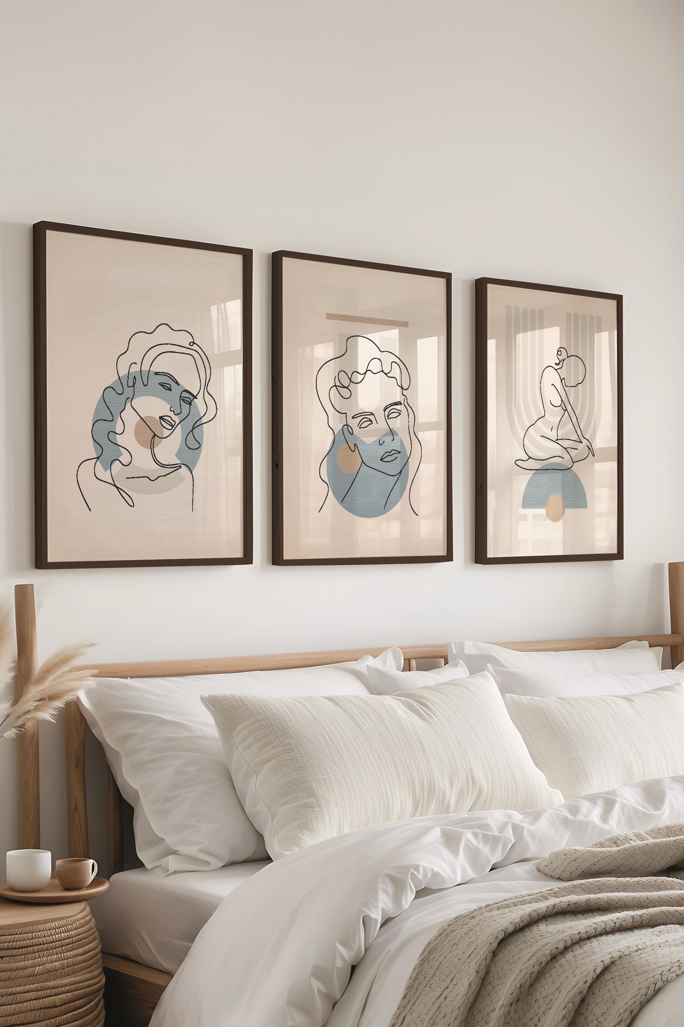 Çerçeveli Tablo Seti, 3 Adet Siyah Çerçeve ve Minimalist Çizim Temalı Poster Seti, No:300673