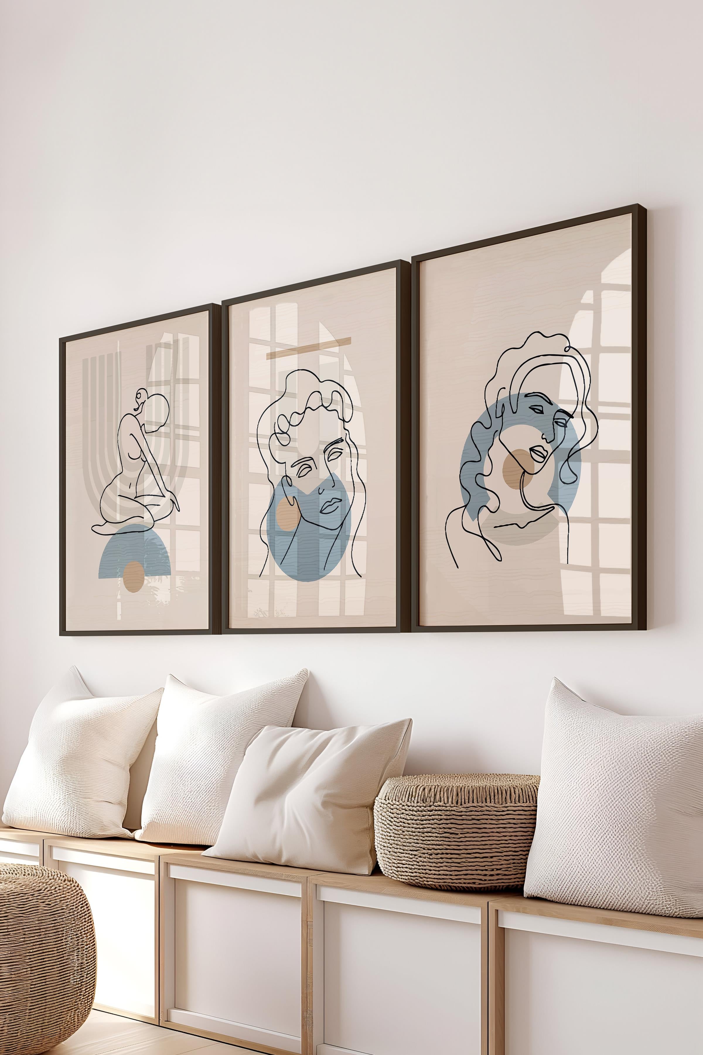 Çerçeveli Tablo Seti, 3 Adet Siyah Çerçeve ve Minimalist Çizim Temalı Poster Seti, No:300673