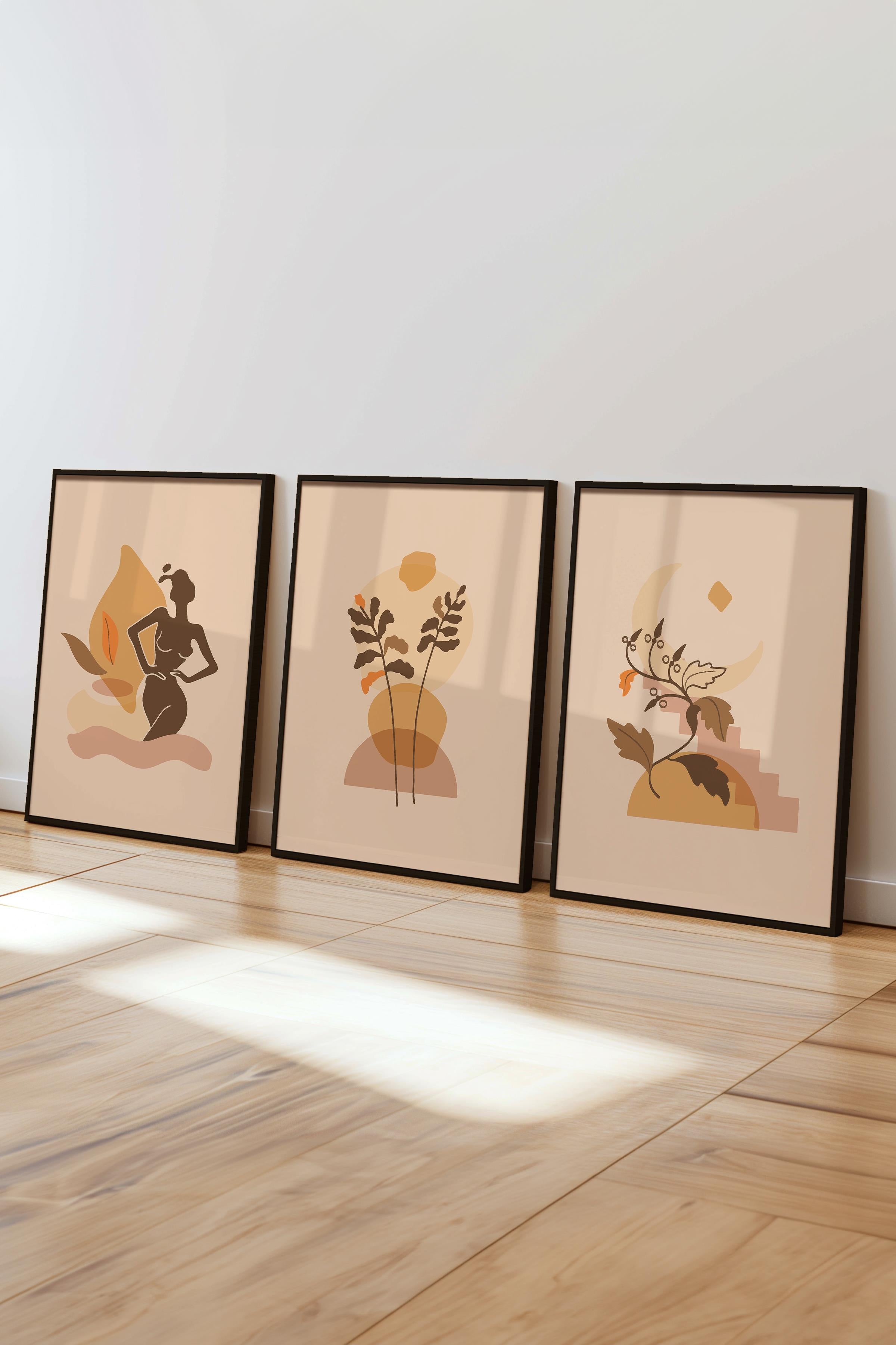 Çerçeveli Tablo Seti, 3 Adet Siyah Çerçeve ve Minimalist Çizim Temalı Poster Seti, No:300675