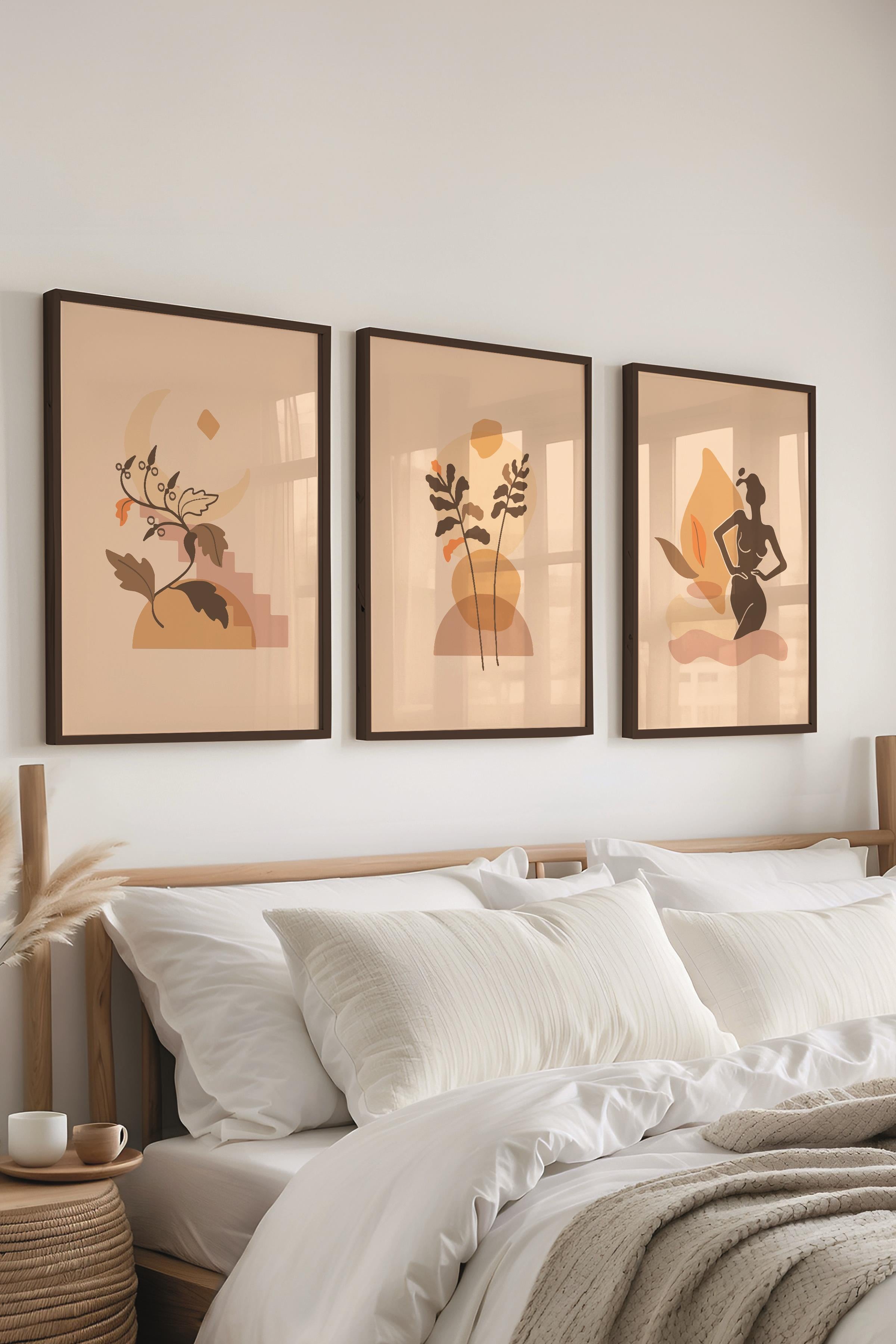 Çerçeveli Tablo Seti, 3 Adet Siyah Çerçeve ve Minimalist Çizim Temalı Poster Seti, No:300675