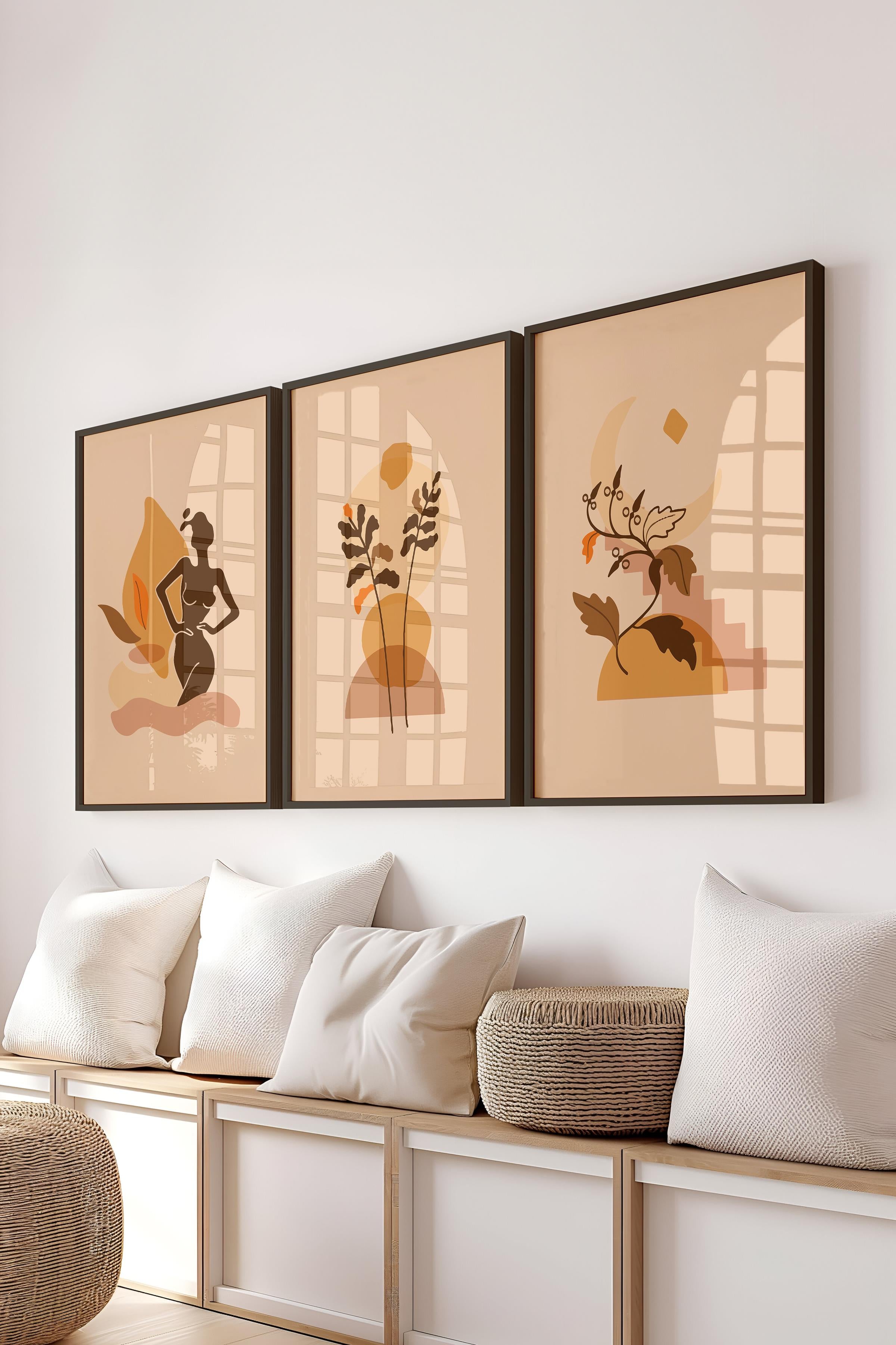 Çerçeveli Tablo Seti, 3 Adet Siyah Çerçeve ve Minimalist Çizim Temalı Poster Seti, No:300675