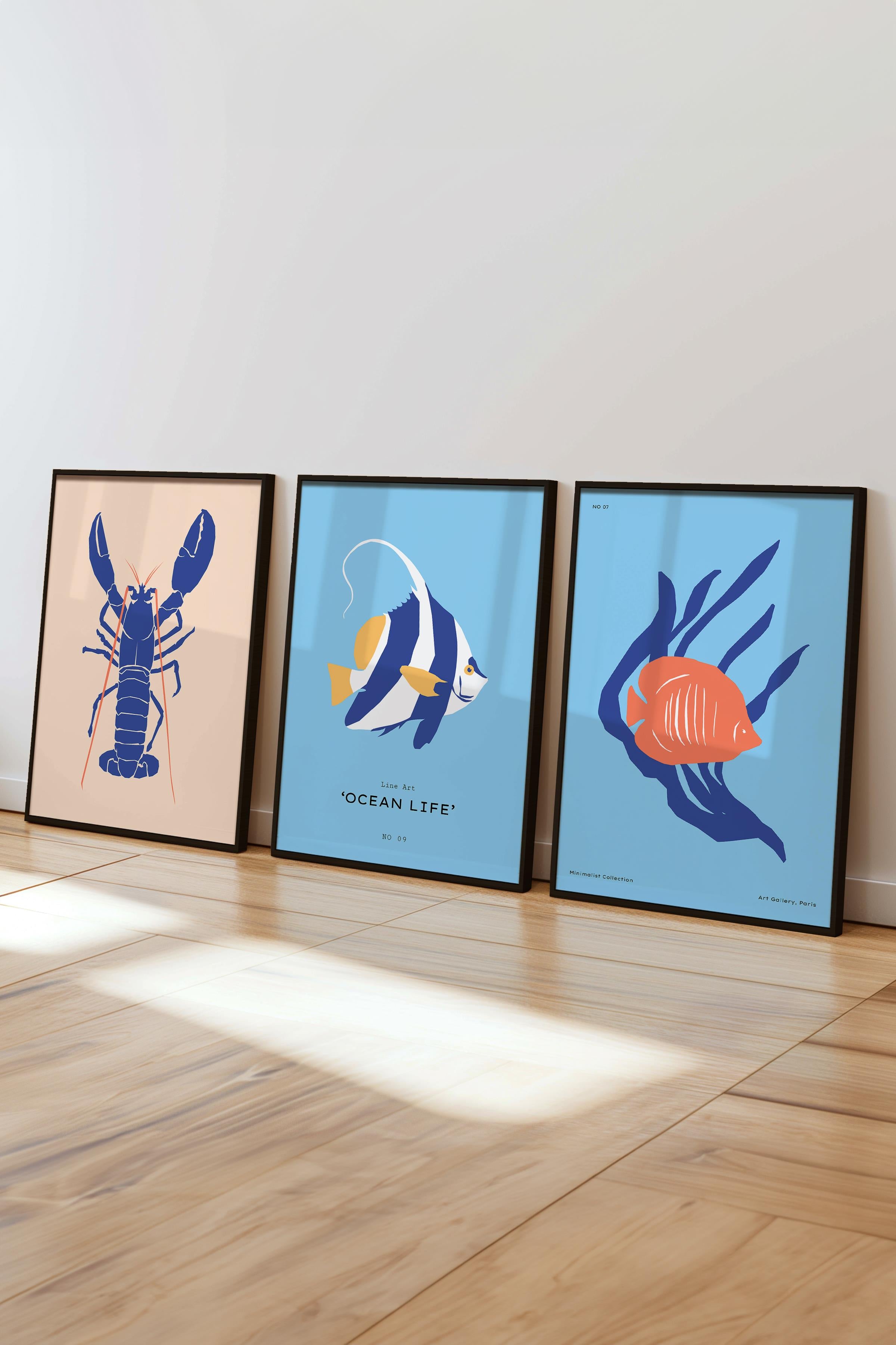 Çerçeveli Tablo Seti, 3 Adet Siyah Çerçeve ve Minimalist Deniz Yaşamı Temalı Poster Seti, No:300505