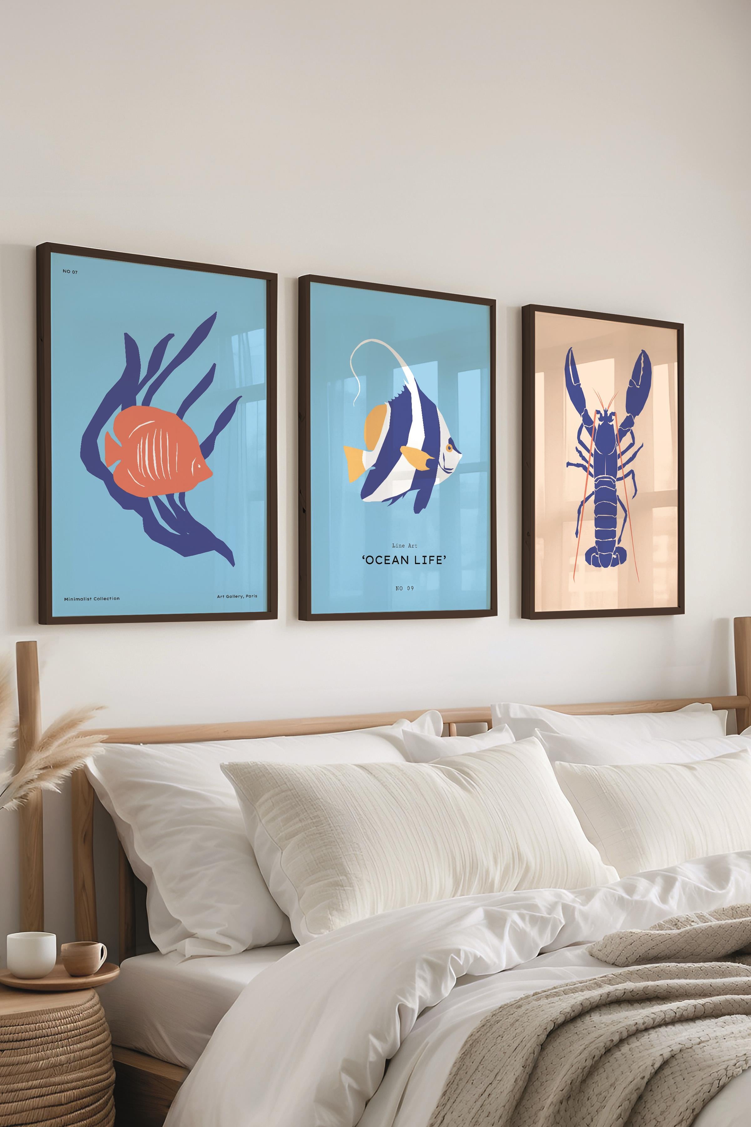 Çerçeveli Tablo Seti, 3 Adet Siyah Çerçeve ve Minimalist Deniz Yaşamı Temalı Poster Seti, No:300505