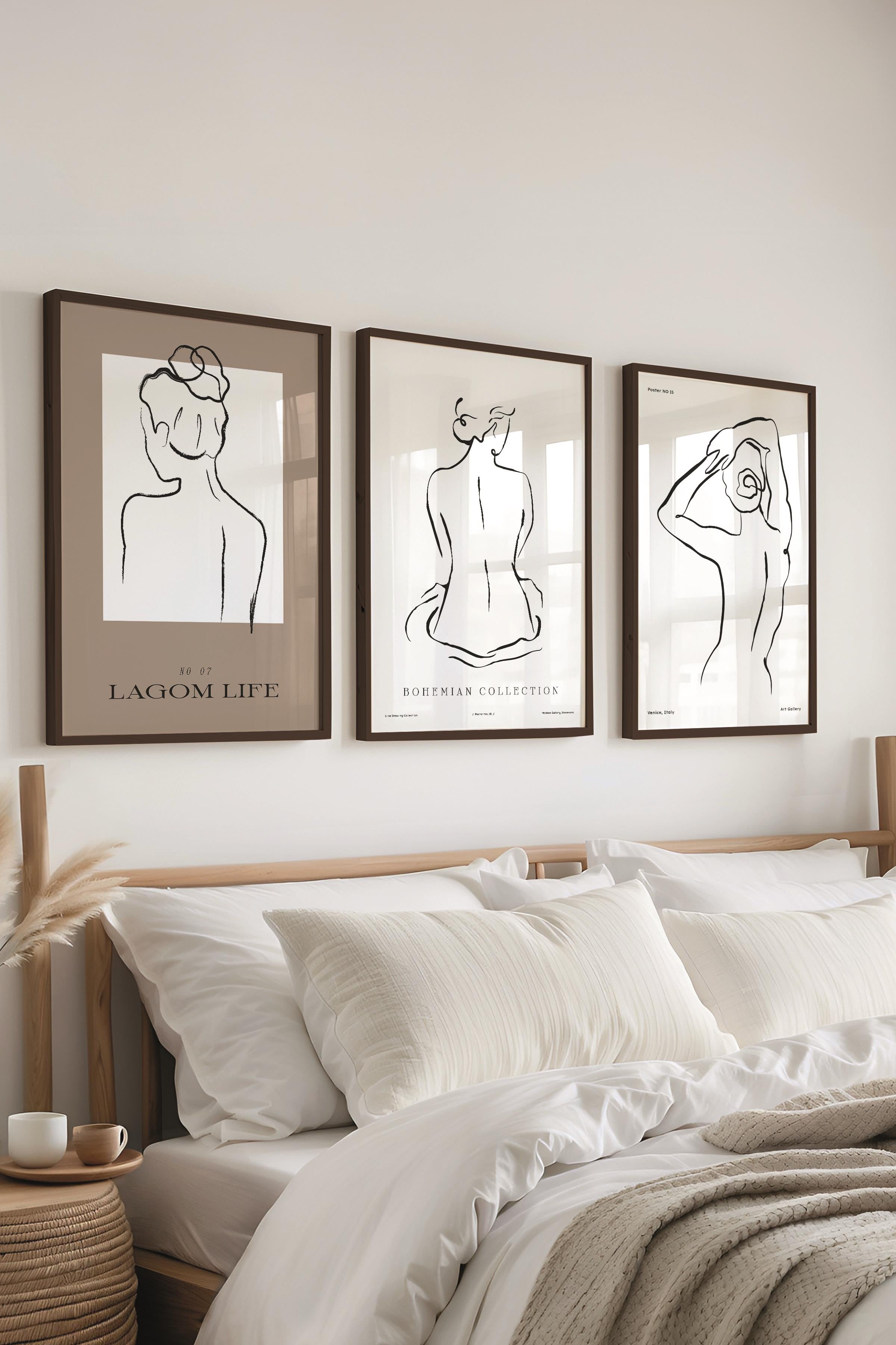 Çerçeveli Tablo Seti, 3 Adet Siyah Çerçeve ve Minimalist El Çizimi Temalı Poster Seti, No:300563